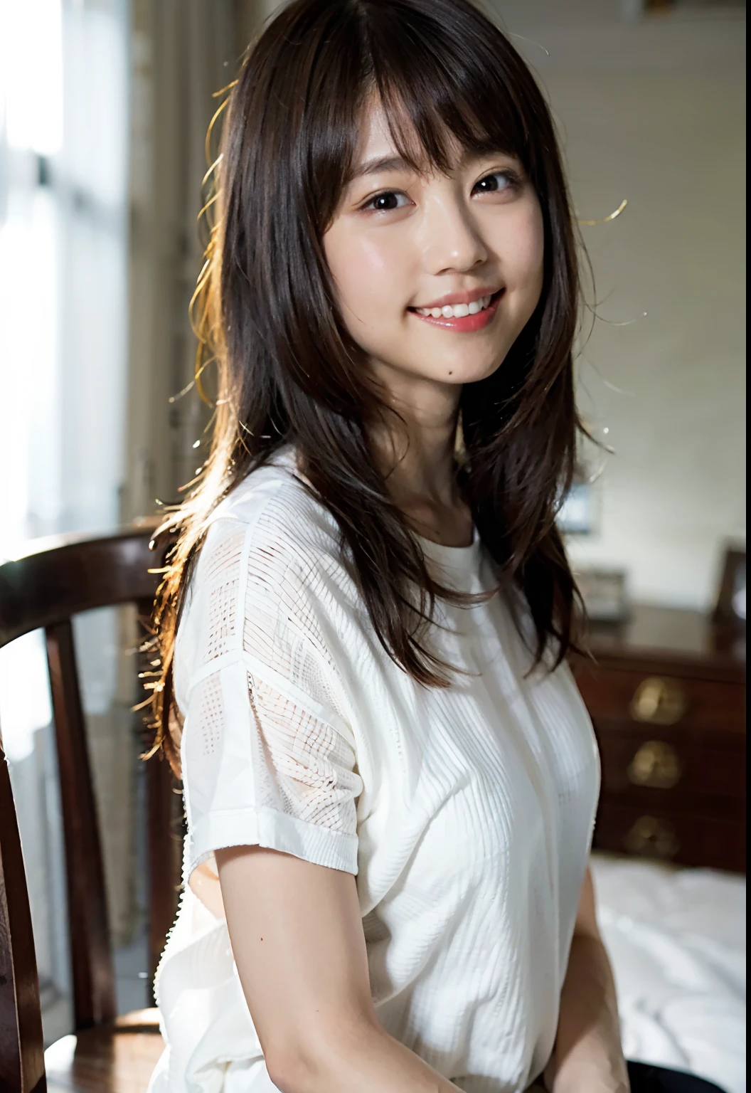 (8k, RAW photo, best quality, masterpiece: 1.2), (realistic: 1.6), (masterpiece), (best quality: 1.0), (highest quality: 1.0), (ultra hi-res: 1.0), detail, 40s, one, detail beautiful skin, detail room, ,realistic skin, middle breast, best quality, ultra high definition, cute, long hair, smile, , white shirt, , sitting on bed,