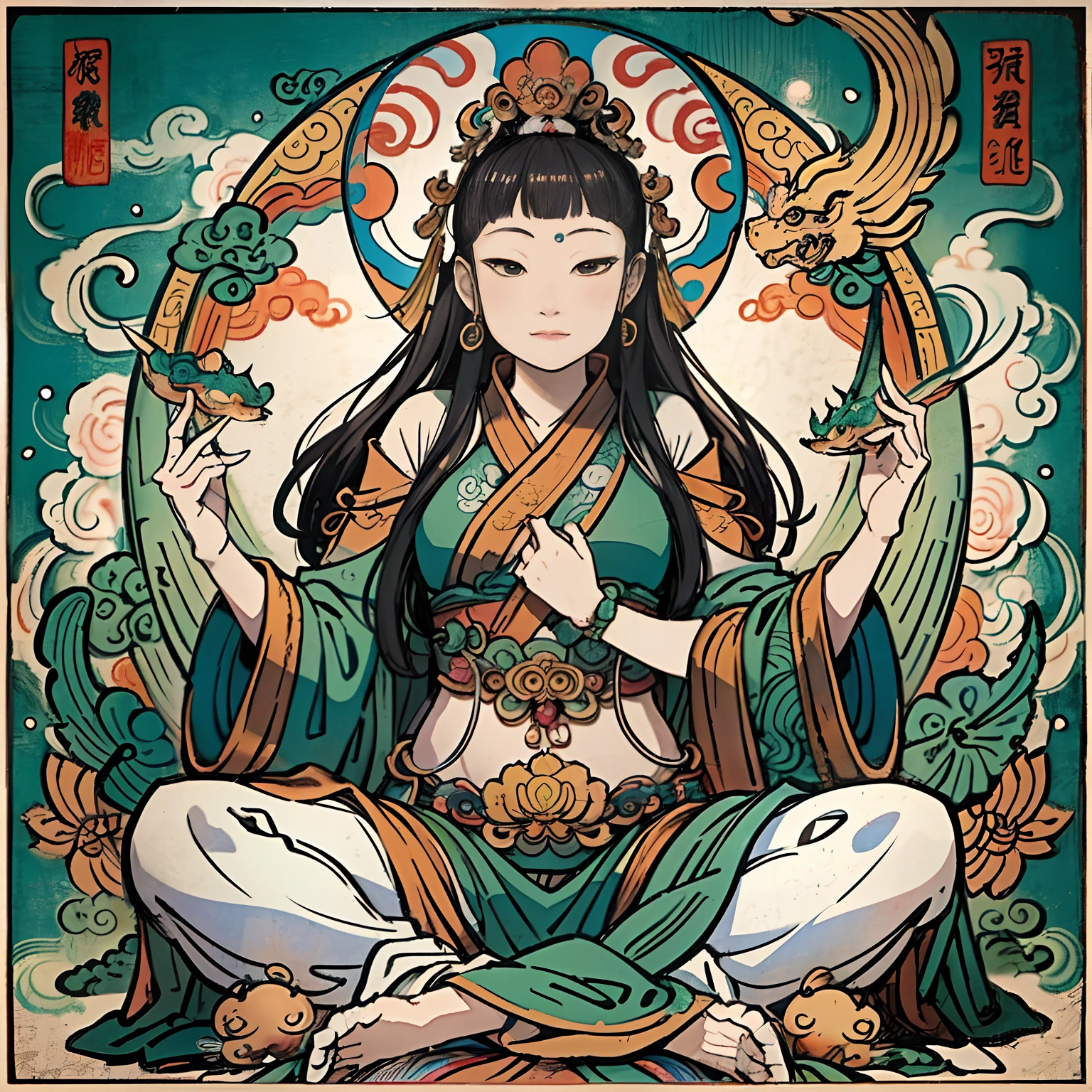 an ancient Chinese goddess, guanyin of the southern seas, Guanyin, Inspired by India, Avalokiteshvara Bodhisattva Riding Dragon，,Serene expression,shui mo hua,Buddha,Buddhist,Lotus,Chinese painting style,Thangka style