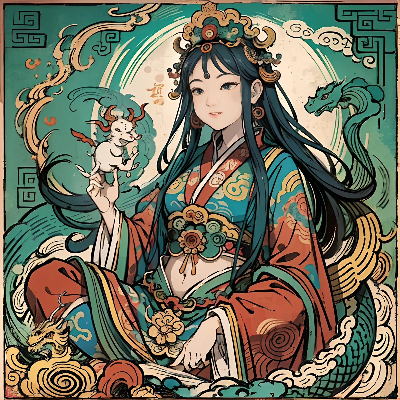 an ancient Chinese goddess, guanyin of the southern seas, Guanyin, Inspired by India, Avalokiteshvara Bodhisattva Riding Dragon,,Serene expression,shui mo hua,Buddha,Buddhist,Lotus,Chinese painting style,Thangka style