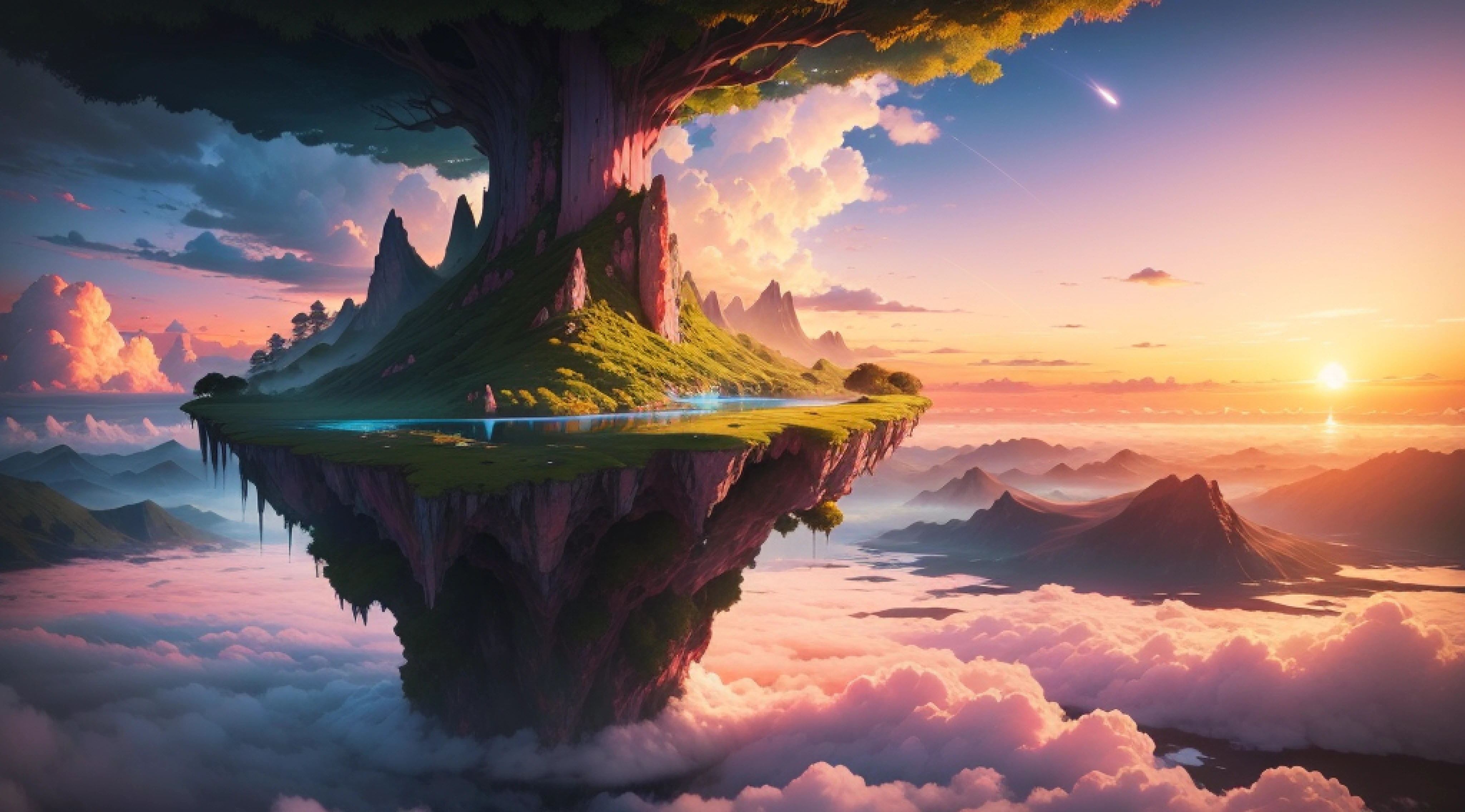 A floating natural island paradise in the clouds. Moss. Mountains. Waterfalls. Pink, blue, and orange sky. Sunset. Planets. Sci-fi.