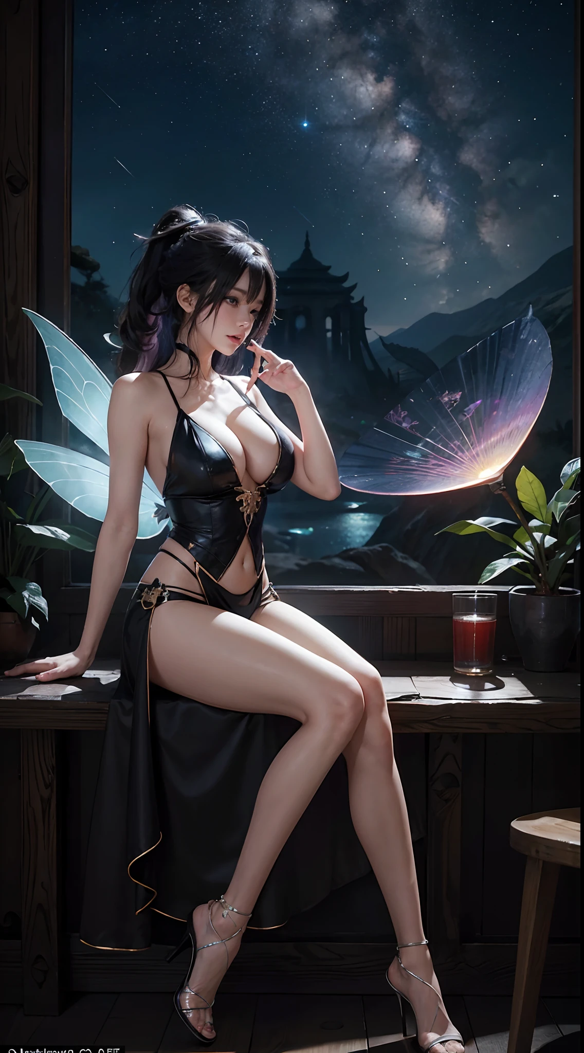 Sexy fairy，huge tit，8K分辨率，Studio quality，hyper HD，Top image quality，extreme hight detail，Paleoenvironment，the night，Top design，coloured with lots of colour，Dynamic lens，Texture，Ancient wind，3D，thin waist and thin legs