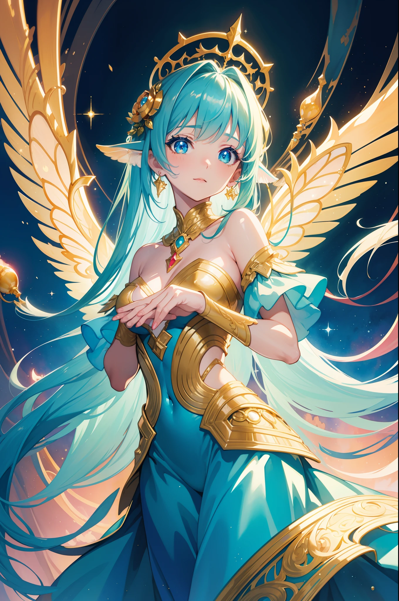 masterpiece, best quality, sharp focus, 8k, intricately detailed environment, anime, watercolor illustration, colorful, bright colors, whimsical, glowing lights, liquid otherworldly, fairy lights, beautiful girl in flowing liquid glowing dress, perfect face, golden ratio, sparkling eyes, watercolor, liquid light, angel wings