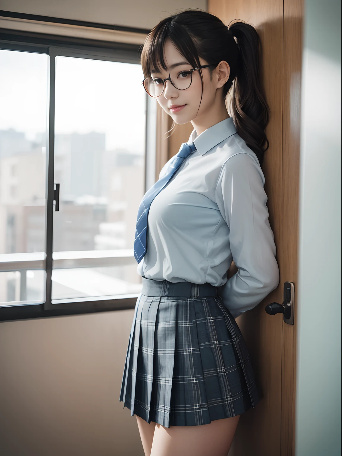 (in 8K、Raw photography、top-quality、masterpiece:1.2),watching at viewers,Looking at the front,Tie a side ponytail、Hang your hair on your chest.,Bullish,Muchimuchi,Erotic,Pupils,Light Blue Bra,de pele branca,kne,absurderes,a small face,small tits,flat breast,Parting the bangs from the middle、Forehead visible,(a smile,Tight eyes,skinny,Rasping)、masterpiece,top-quality、超A high resolution,Raw photo,ren,Beautiful fece,One Person, 独奏,eye glass,,Dark look,Small breasts,fullllbody,Round glasses、cute little、Back to Student,JK school uniform,hi-school girl,A Japanese Lady,is standing,(Photorealsitic:1.37)、Photon mapping,Realistic、Cute little face,Brown-eyed、Black socks、(neck tie)、Radio City、Physically Based Rendering、Foreground、depth of fields、Blurry background、a picture,The girls、Body,beauty legs, Long legs, Thin leg,Tie your hair into one strand on your chest,(Bangs are visible), hair, s lips, Blue_The eye, nosesoft,(Light blue shirt), (plaid pleated skirt), Knees are visible,Sheer clothing,, Thigh, Black cotton socks,Nogizaka Idol, 女優, Japanese ido