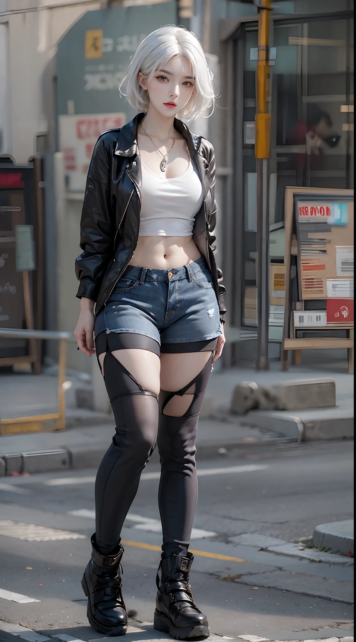 photorealistic, high resolution, 1women, solo, hips up, look at viewer, (detailed face), white hair, street wear, thick thighs, thighhighs, tattoo, jewelry