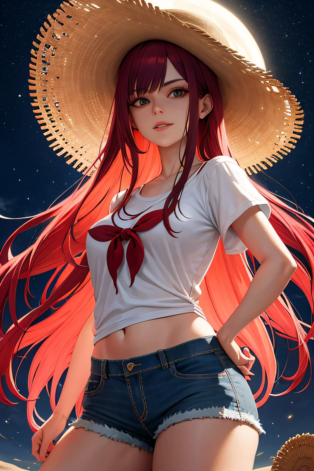 Caucasian woman with long hair, Crimson hair, obra maestra, extremadamente detallada, soft ambient lighting, trazado de rayos, ambient-occlusion, flowering, pinceladas delicadas y detalladas, calidad muy alta, ultra detallado, Flashes of light in the background, desierto del Sahara, craft stalls, camisa grande y abierta, T-Shirt, short de jean, sombrero playero