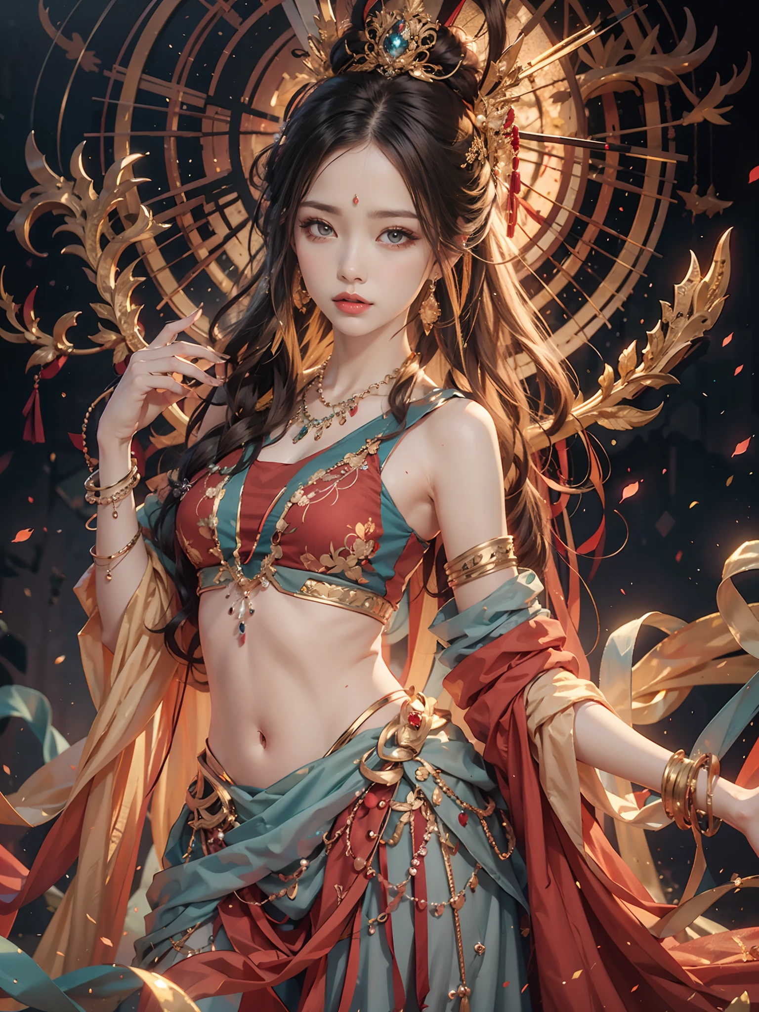 Red decoration in the center of the forehead，Gorgeous jewelry，gold，jewely，pearls