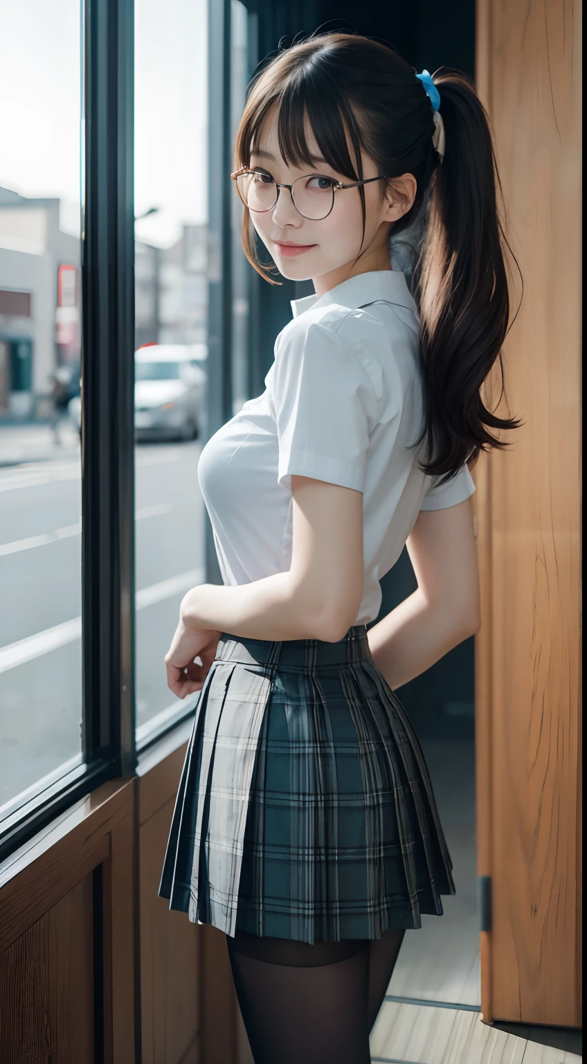 (in 8K、Raw photography、top-quality、masterpiece:1.2),watching at viewers,Looking at the front,Tie a side ponytail、Hang your hair on your chest.,Bullish,Muchimuchi,Erotic,Pupils,Light Blue Bra,de pele branca,kne,absurderes,a small face,small tits,flat breast,Parting the bangs from the middle、Forehead visible,(a smile,Tight eyes,skinny,Rasping)、masterpiece,top-quality、超A high resolution,Raw photo,ren,Beautiful fece,One Person, 独奏,eye glass,,Dark look,Small breasts,fullllbody,Round glasses、cute little、Back to Student,JK school uniform,hi-school girl,A Japanese Lady,is standing,(Photorealsitic:1.37)、Photon mapping,Realistic、Cute little face,Brown-eyed、Black socks、(Red bow tie)、Radio City、Physically Based Rendering、Foreground、depth of fields、Blurry background、a picture,The girls、Body,beauty legs, Long legs, Thin leg,Tie your hair into one strand on your chest,(Bangs are visible), hair, s lips, Blue_The eye, nosesoft,(Light blue shirt), (plaid pleated skirt), Knees are visible,Sheer clothing,, Thigh, Black cotton socks,Nogizaka Idol, 女優, Japanese ido