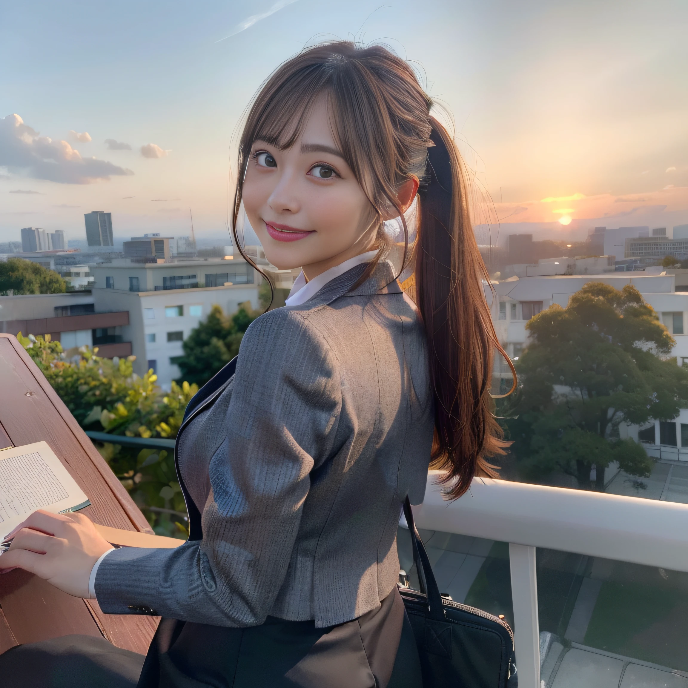 (realisitic、Photorealsitic:1.37)、(​masterpiece)、(top-quality:1.4)、(超A high resolution:1.2)、(RAW Photography:1.2)、(foco nítido:1.3)、(facefocus:1.2)、elegent、(full bodyesbian:1.2)、(1 girl wearing detailed pencil-skirt and suit-jacket:1.3)、(OL)、professionattire、high-heels、(00 years old:1.1)、(happy smail:1.3)、(Shine Hair:1.3)、 [poneyTail]、 break、 (huge tit), landscapes, (Beautiful sunset background:1.2), from the rear, backshots, bangss, beautiful finely detailed eyes, Look at viewers, (cute little)