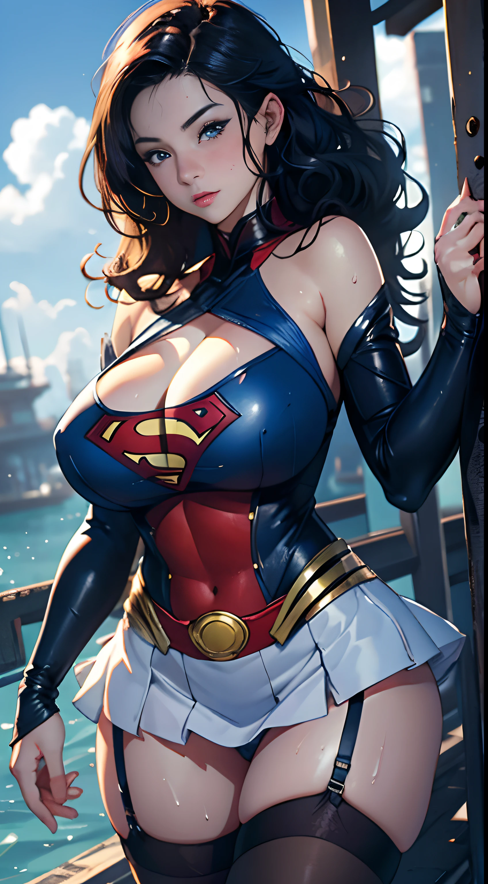 Beutiful women,Hair combed upwards, Supergirl , (Visible from wear), (Superman costume), Huge cleavage, (full bodyesbian:1), voluptuous figure, (Bigboobs:1), (big assa:1), (tmasterpiece) (perfectly proportions)(photograph of-realistic)(best qualtiy) (A detailed) (8K) (k hd) (cinmatic lighting) (Sharp focus) (复杂) ,1female,aged 40,Huge breasts,Pornographic exposure, 独奏,(Background with:jetty), She has long flowing hair, standing on your feet,Sweat profusely,drenched all over the body,,blue color eyes,frontage, curlies,mostly cloudy sky,Superman uniform(((tmasterpiece),(Very detailed CG unity 8K wallpaper),best qualtiy,cinmatic lighting,detailed back ground,beatiful detailed eyes,Bright pupils,(Very fine and beautiful),(Beautiful and detailed eye description),ultra - detailed,tmasterpiece,)),facing at camera,A high resolution,ultra - detailed),熟妇,mature,revealing breasts,facing at camera,Flushed complexion,Orgasmic face,Pornographic exposure,Protruding underparts,Camel toes,with no underpants,legs are open,frontage,Beautiful sexy full body photo in mini skirt and sewn stockings,((独奏)),At the pier,nakeness