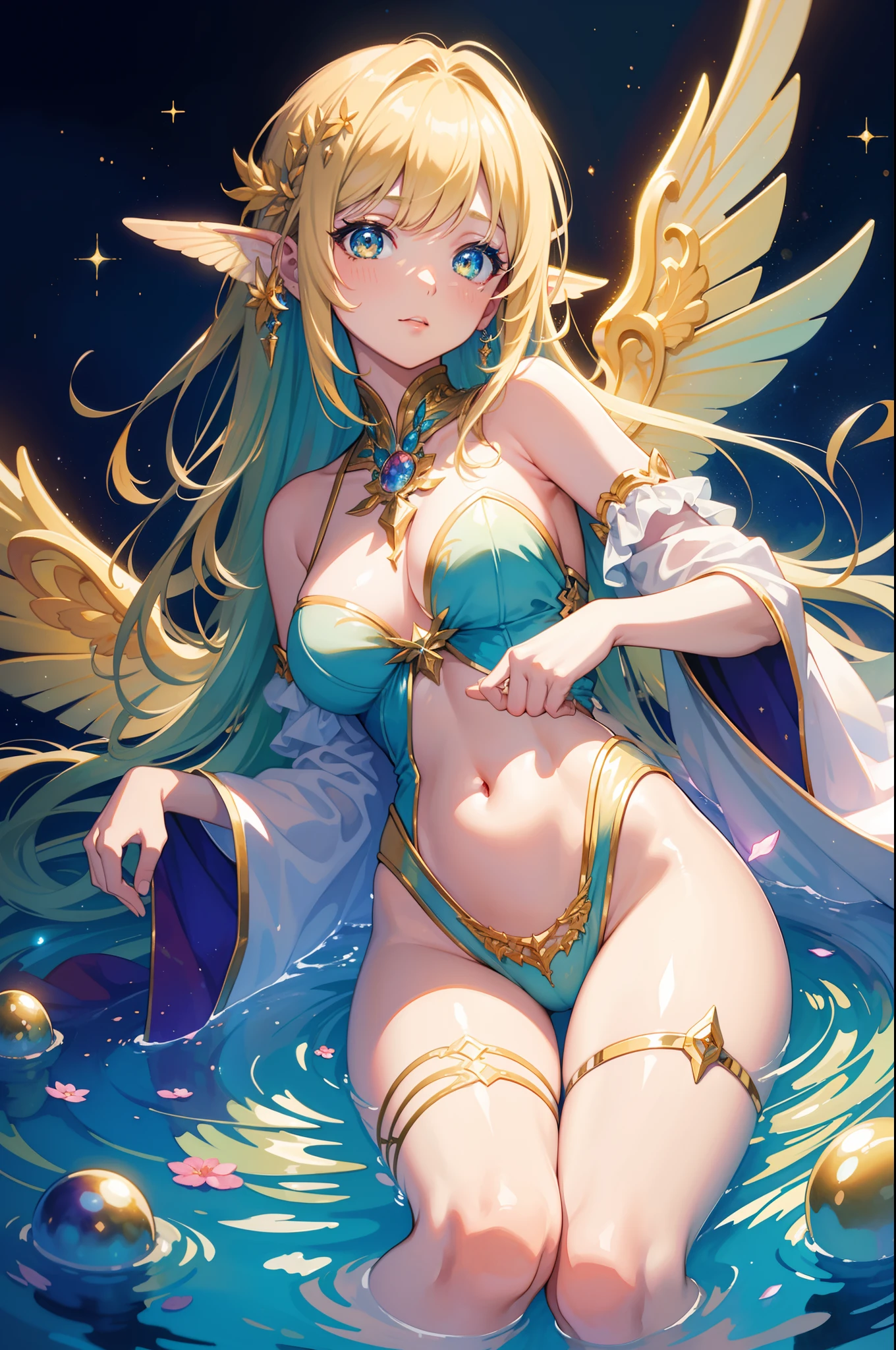masterpiece, best quality, sharp focus, 8k, intricately detailed environment, anime, watercolor illustration, colorful, bright colors, whimsical, glowing lights, liquid otherworldly, fairy lights, beautiful girl in flowing liquid glowing dress, perfect face, golden ratio, sparkling eyes, watercolor, liquid light, angel wings
