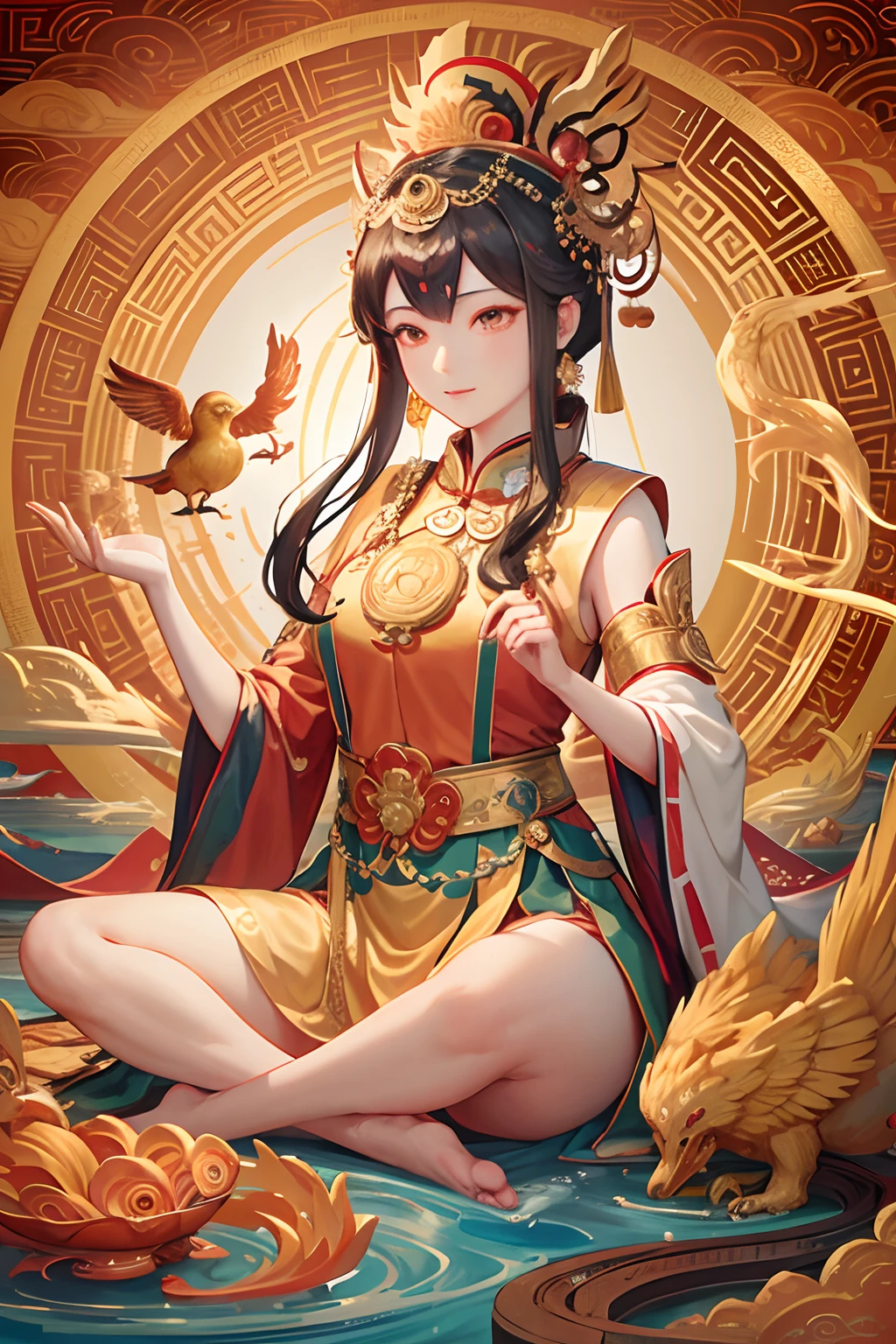an ancient Chinese goddess, guanyin of the southern seas, Guanyin, Inspired by India, Avalokiteshvara rides a phoenix,,Serene expression,shui mo hua,Buddha,Buddhist,Lotus,Chinese painting style,Thangka style