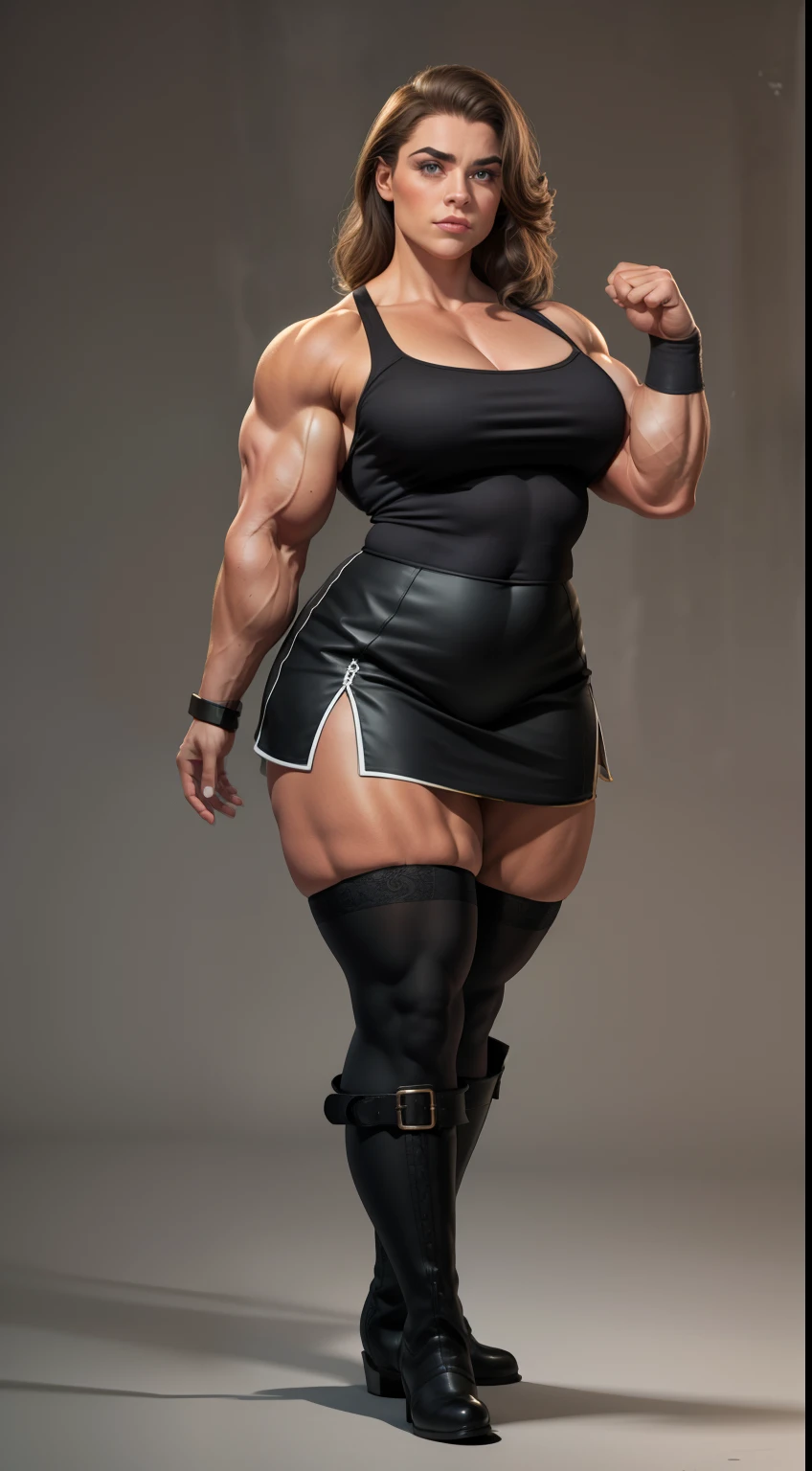 tmasterpiece,finely detailled,Burly woman,Exaggerated large muscles,black lence stockings,Short boots, (Full body like:1.1),standing on your feet,Beautiful and charming female face, Single female,Very fair skin,Very broad shoulders, Strong and powerful arms,The deltoid muscles are thicker,Stout arms,Strong and powerful leg muscles,thick leg,Very thick calves,long leges,looking to the camera