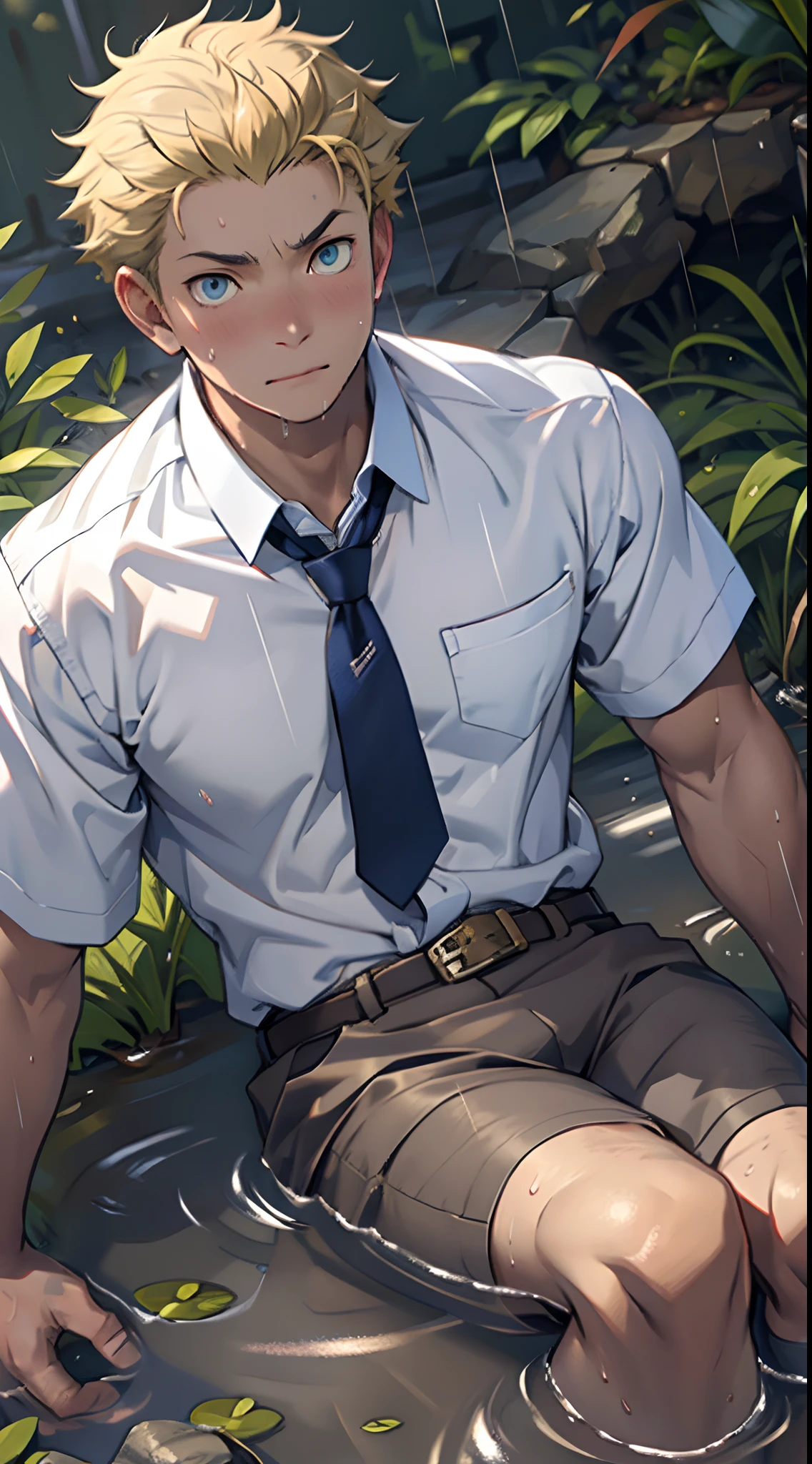 （1 Adult male），A high resolution， Sharp focus， Pixiv masterpiece， （（Complicated details））， highly  detailed， natsuki_subaru， 1 man，Lying in the mud， Lazy，full bodyesbian， blue color eyes（eyes glowing）， Short yellow hair，white  shirt，Wear a tie，Wear a belt，perspire，rain，Drenched，Sweaty crotch，look from down