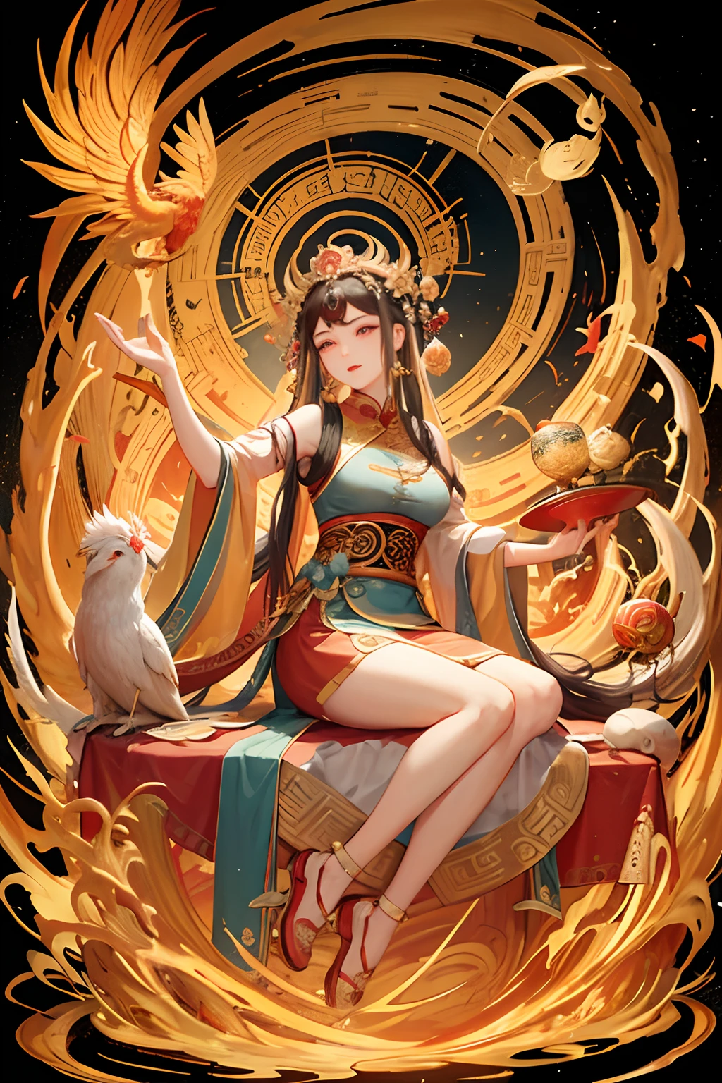 an ancient Chinese goddess, guanyin of the southern seas, Guanyin, Inspired by India, Avalokiteshvara rides a phoenix，,Serene expression,shui mo hua,Buddha,Buddhist,Lotus,Chinese painting style,Thangka style