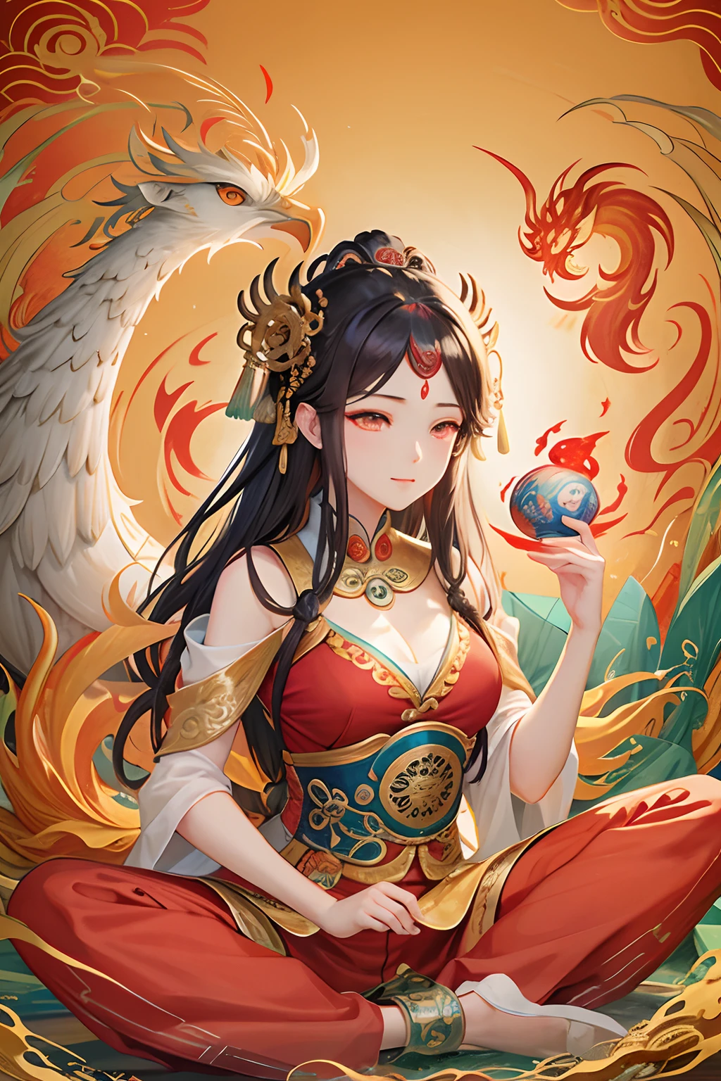 an ancient Chinese goddess, guanyin of the southern seas, Guanyin, Inspired by India, Avalokiteshvara rides a phoenix,,Serene expression,shui mo hua,Buddha,Buddhist,Lotus,Chinese painting style,Thangka style