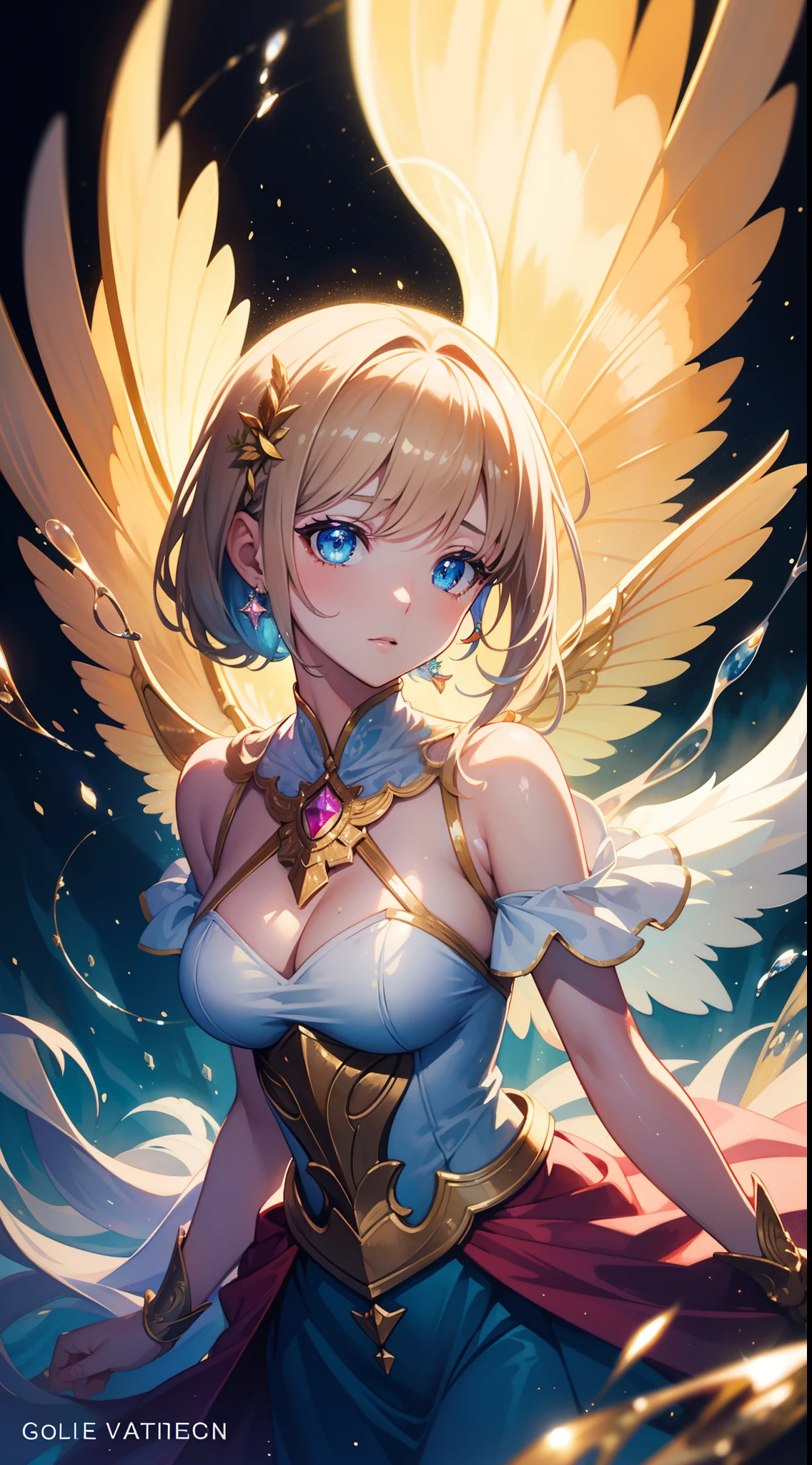 masterpiece, best quality, sharp focus, 8k, intricately detailed environment, anime, watercolor illustration, colorful, bright colors, whimsical, glowing lights, liquid otherworldly, fairy lights, beautiful girl in flowing liquid glowing dress, perfect face, golden ratio, sparkling eyes, watercolor, liquid light, angel wings