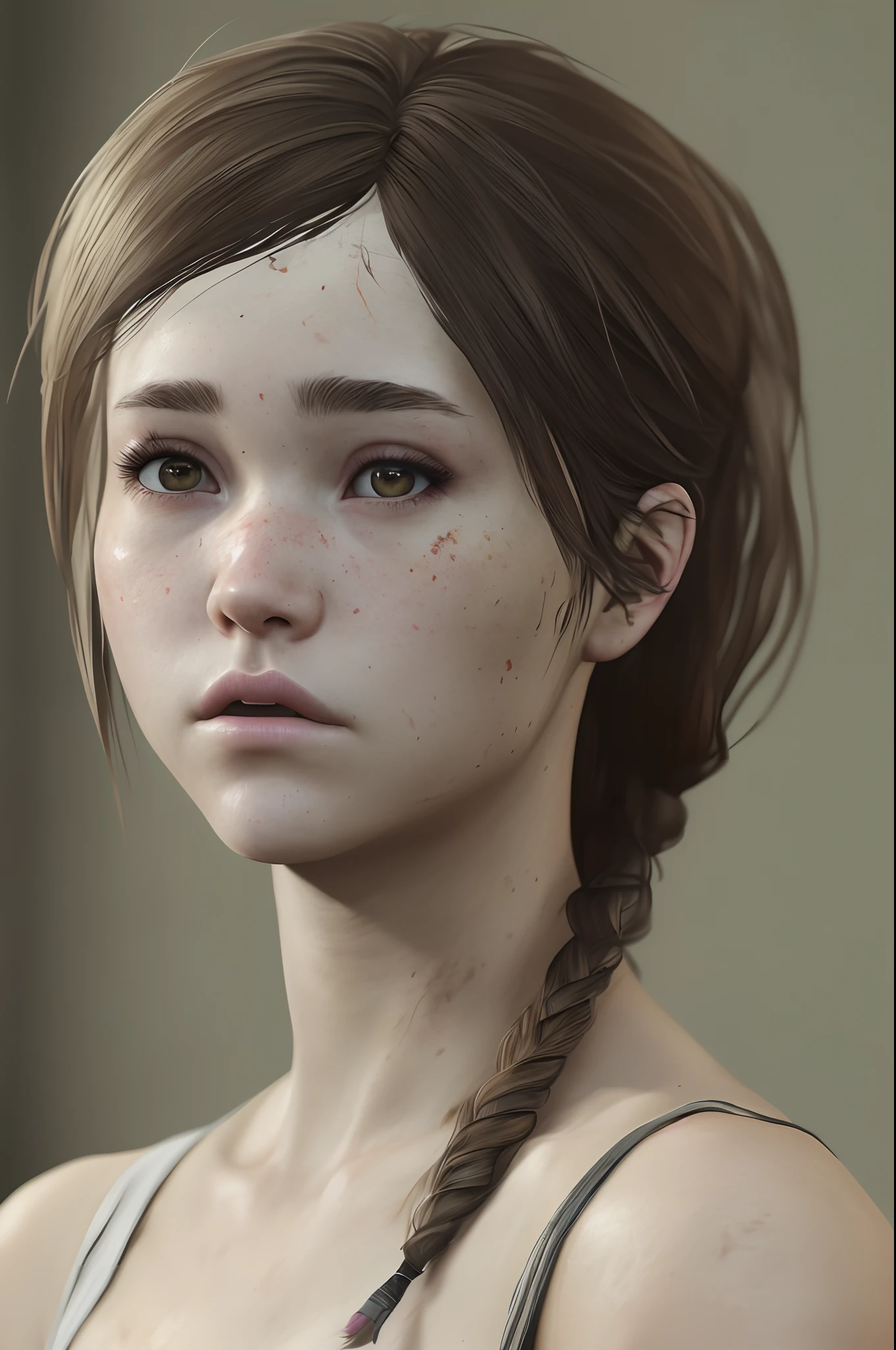 (8k, RAW photos, top quality, masterpieces: 1.2), (realistic, photorealistic: 1.37), ultra detail, ultra high resolution, viewer gaze, skin texture, (curve: 0.4) film lighting, professional lighting a close up of a person with long hair, art by wlop and greg rutkowski, ellie (last of us), madison beer girl portrait, resembling a mix of grimes, extremely realistic ((Realistic Lighting, Higher Quality, 8K , Masterpiece: 1.3 )), clear focus: 1.2,