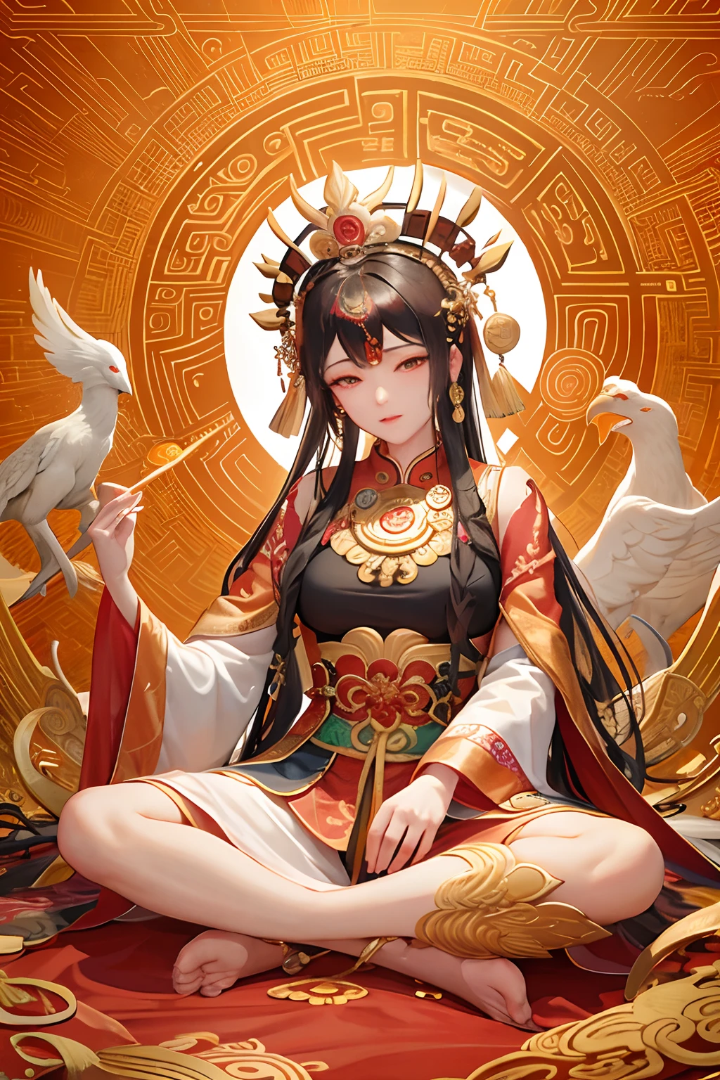 an ancient Chinese goddess, guanyin of the southern seas, Guanyin, Inspired by India, Avalokiteshvara rides a phoenix,,Serene expression,shui mo hua,Buddha,Buddhist,Lotus,Chinese painting style,Thangka style