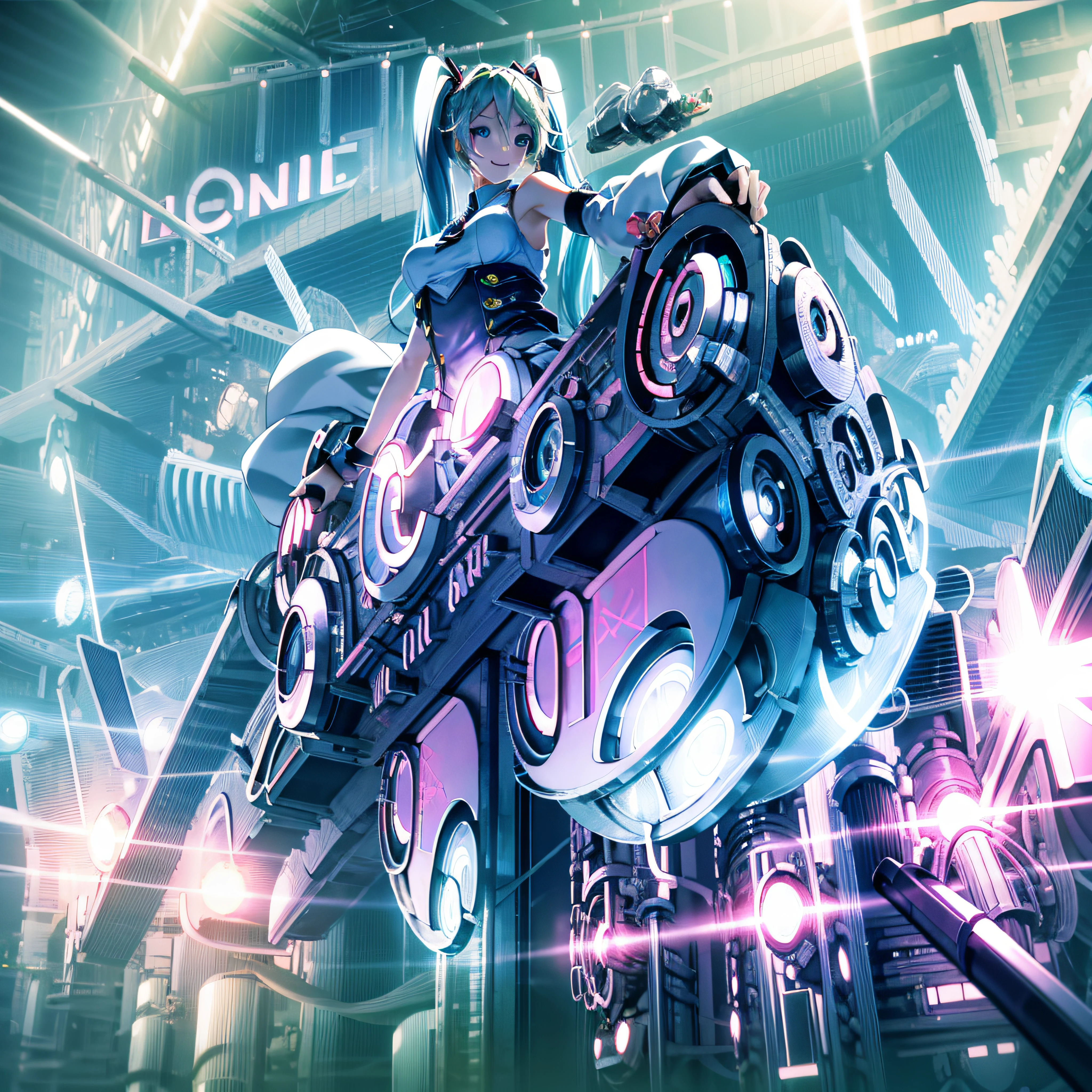 CG anime girl diva "Hatsune Miku" with silver-colored blond pigtails, vivid blue eyes, and a charming smile, performing on-stage in a futuristic world, surrounded by vibrant neon lights, smoke, and laser beams, with crowds of excited fans cheering and waving lightsticks in the background.