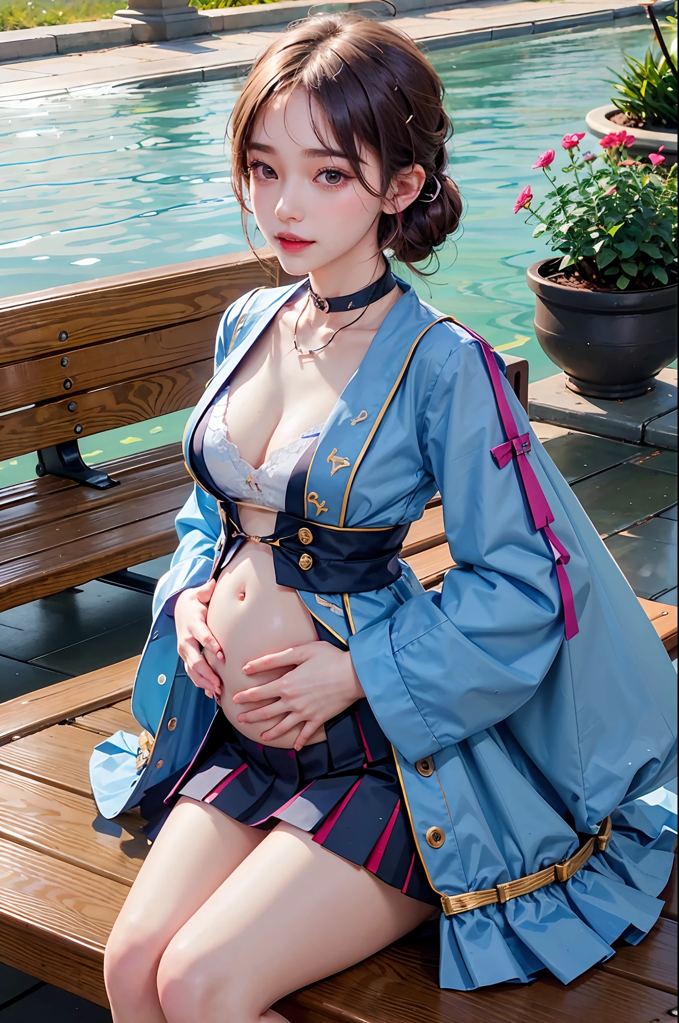 Korean school uniform，School Uniform Shirts，Ribbons，a skirt，Bright brown hair，School poolside，Poolside bench，8K raw photos，A high resolution，16-year-old Korean，big round breasts，Beautiful face in every detail，long eyelasher，beautiful double eyelid，Slitted eyes，Elongated eye shape，Sanpaku eyes，duck mouth，evilsmile，Evil expression，Beautiful very thin legs， Beautiful very thin thighs，Casual short hair，Hair tied behind the head，耳Nipple Ring，choker necklace，Pregnant belly，Pregnant belly