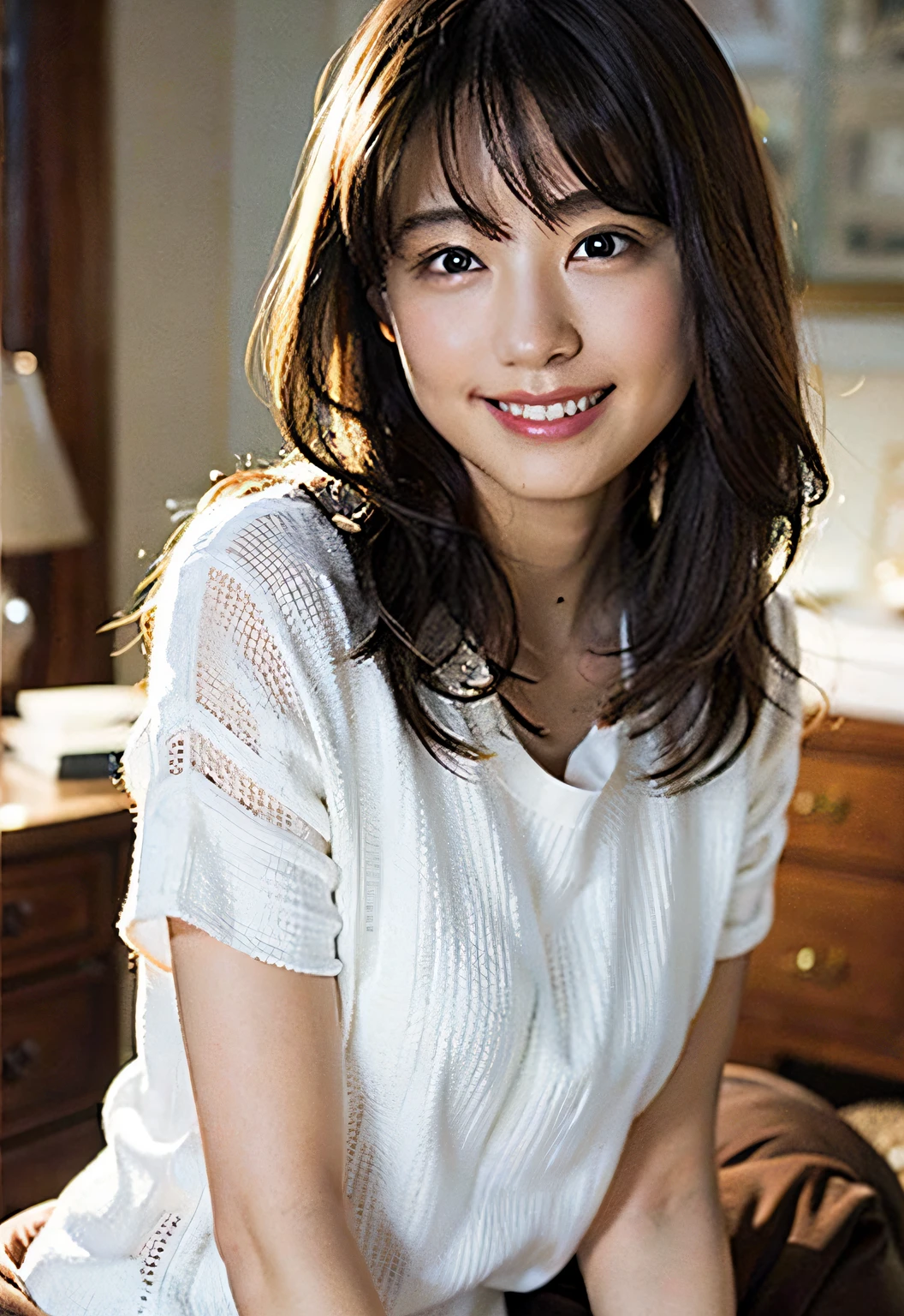 (8k, RAW photo, best quality, masterpiece: 1.2), (realistic: 1.6), (masterpiece), (best quality: 1.0), (highest quality: 1.0), (ultra hi-res: 1.0), detail, 40s, one, detail beautiful skin, detail room, ,realistic skin, middle breast, best quality, ultra high definition, cute, long hair, smile, , white shirt, , sitting on bed,