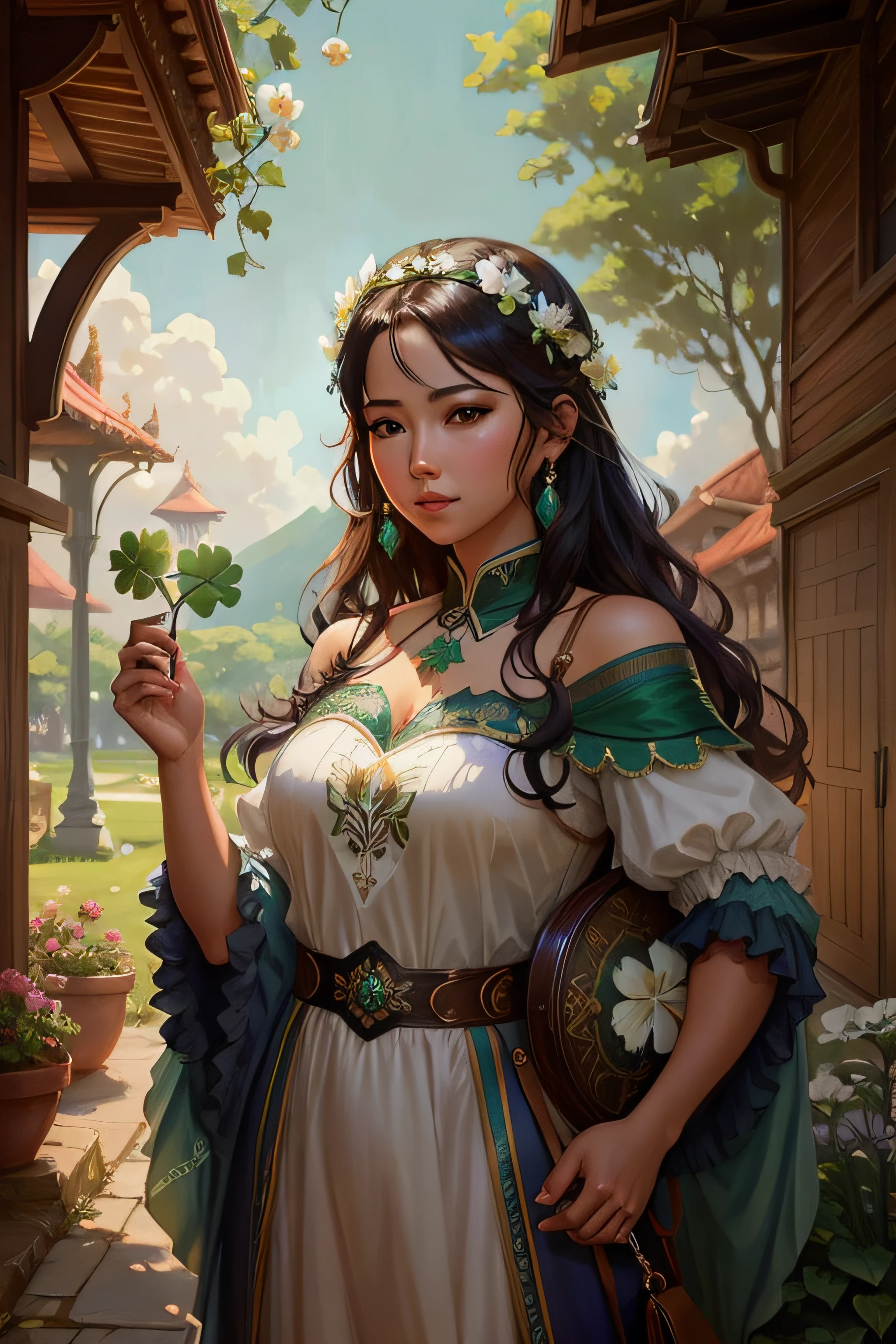 a woman in a dress holding a shamrock in her hand, Arte no estilo de Guweiz, estilo de arte de fantasia, pintura de personagem bonita, donzela bonita, arte estilo fantasia, linda donzela fantasia, Artgerm e Atey Ghailan, wlop e ross tran, Artgerm extremamente detalhado, por Yang J, Directed by: Raymond Han, retrato de arte conceito de fantasia