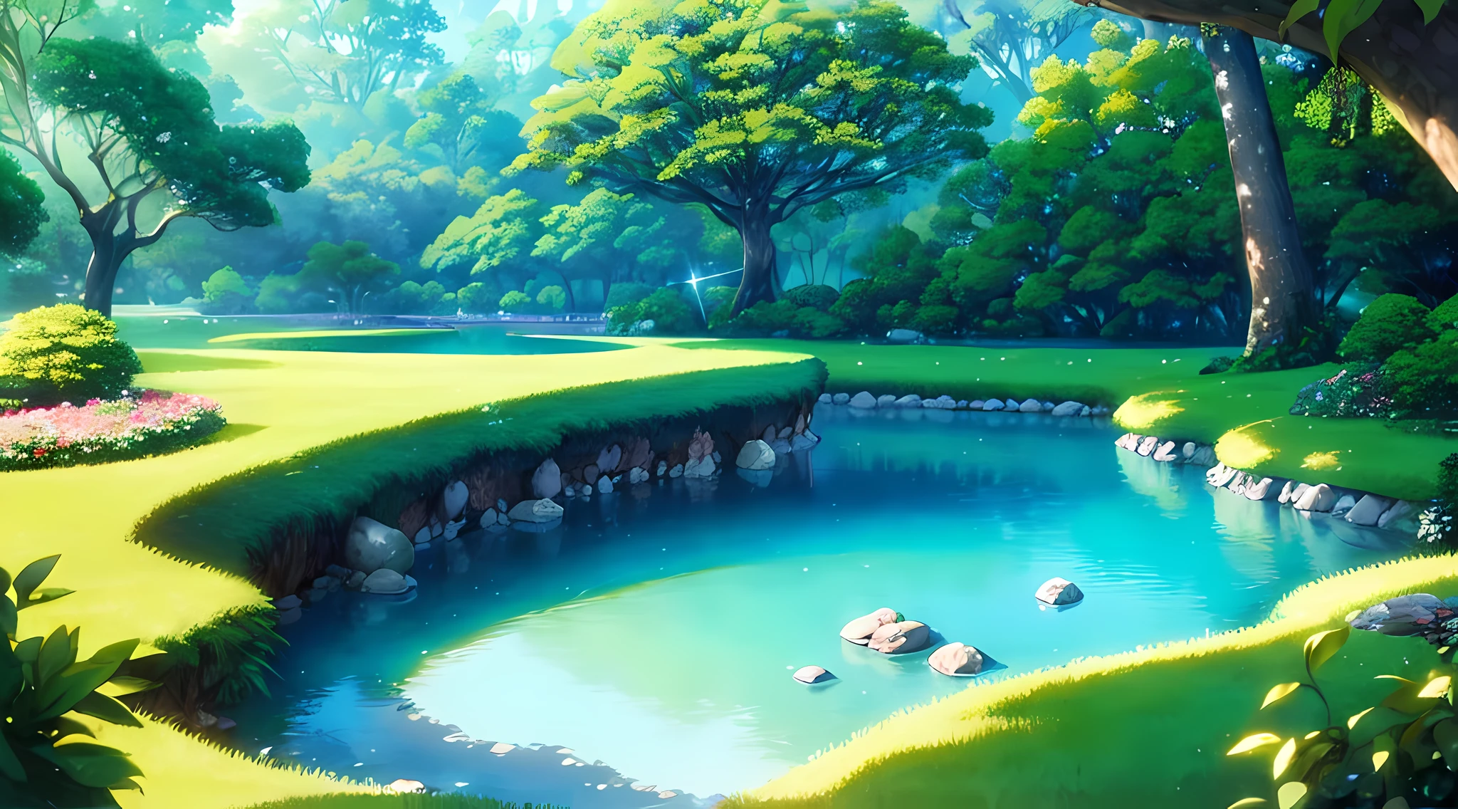 Create a mesmerizing 8K wallpaper that captures the enchanting beauty of a secluded island nestled amidst the vast sea. Craft a serene landscape featuring a whimsical fairy island, evoking the timeless charm of Studio Ghibli's artistic style. In the heart of the island, depict a magnificent ancient tree, standing tall for millennia, its sprawling branches creating a natural and inviting bathtub filled with crystalline waters. Let the warm sunlight filter through the lush foliage, casting a gentle, golden glow upon the scene. Infuse the image with a sense of tranquility and relaxation, transporting viewers to a world where the cares of the everyday drift away on the sea breeze. Your task is to conjure a dreamlike and immersive Ghibli-inspired artwork that captures the essence of this fairy island oasis.