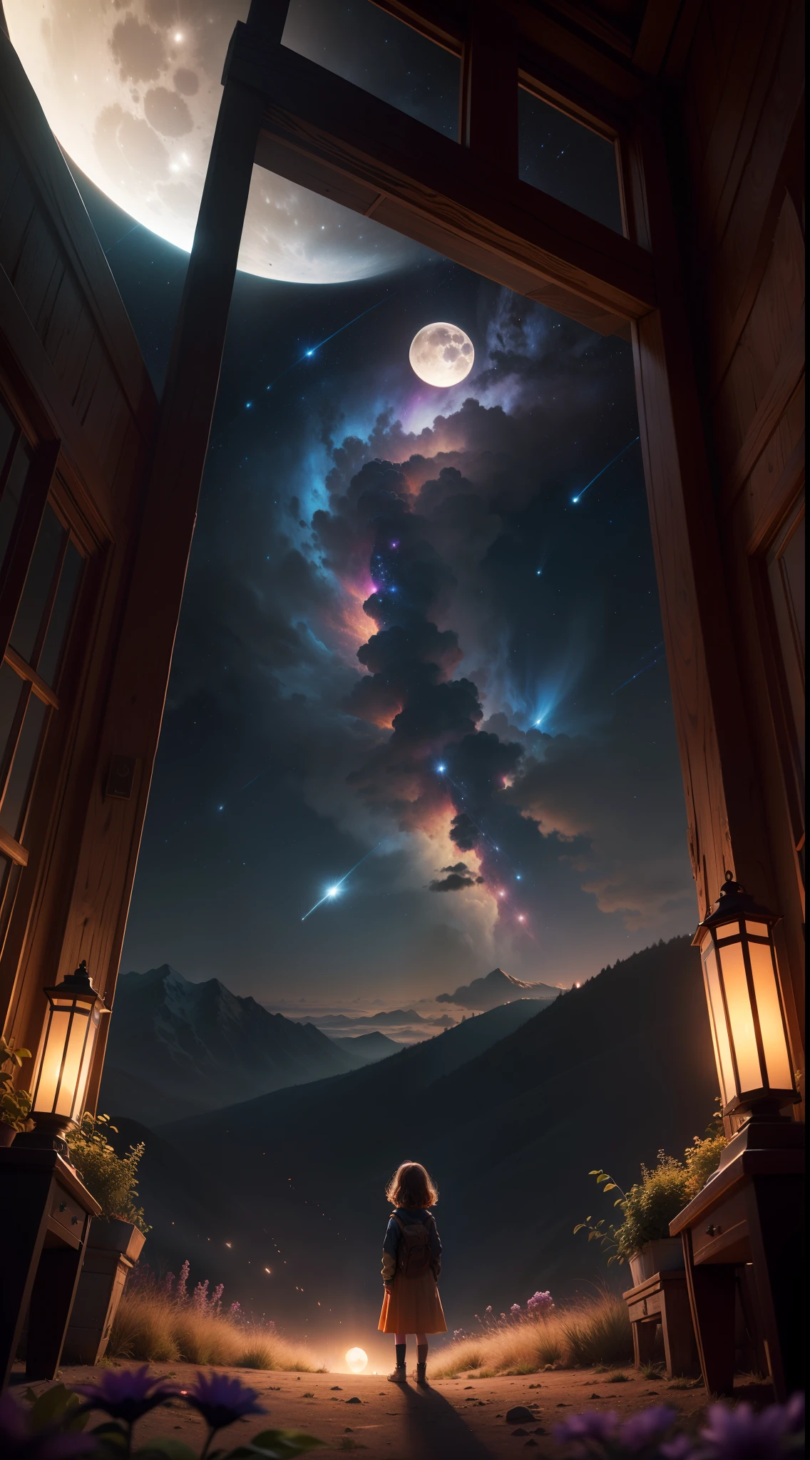 Expansive landscape photograph, (view from below with a view of the sky and wilderness below), little girl standing in a flower field looking up, (full moon: 1.2), (shooting star: 0.9), (nebula: 1.3), distant mountain, tree break production art, (warm light source: 1.2), (firefly: 1.2), lamp, purple and orange, intricate detail, volume lighting, realism break (masterpiece: 1.2) (Best Quality), 4K, Ultra-Detailed, (Dynamic Configuration: 1.4), Highly Detailed and Colorful Details, (Iridescent Colors: 1.2), (Glowing Lighting, Atmospheric Lighting), Dreamy, Magical, (Solo: 1.2)