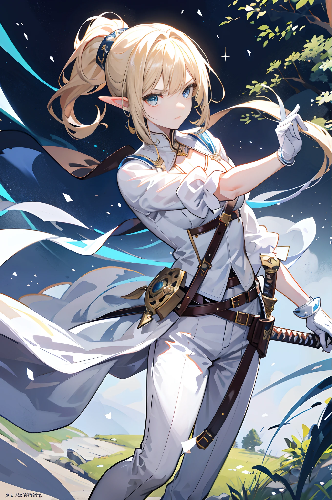 Works of masters,8K分辨率,in a panoramic view,(exquisite facial features),s the perfect face,Glowing skin,The world of swords and sorcery,Elf Princess,Golden eyes,pale-blonde hair,Smooth single ponytail,crossed bangs,Serious expression,Translucent pure white gloves,Delicate black and blue cape,V-neck white shirt,White cropped pants,Brown belt,Sapphire bracelet,Short brown leather boots,Armed with a Western rapier sword,Combat posture,In the forest,Next to a huge ancient tree,in the early morning,natural soft light,