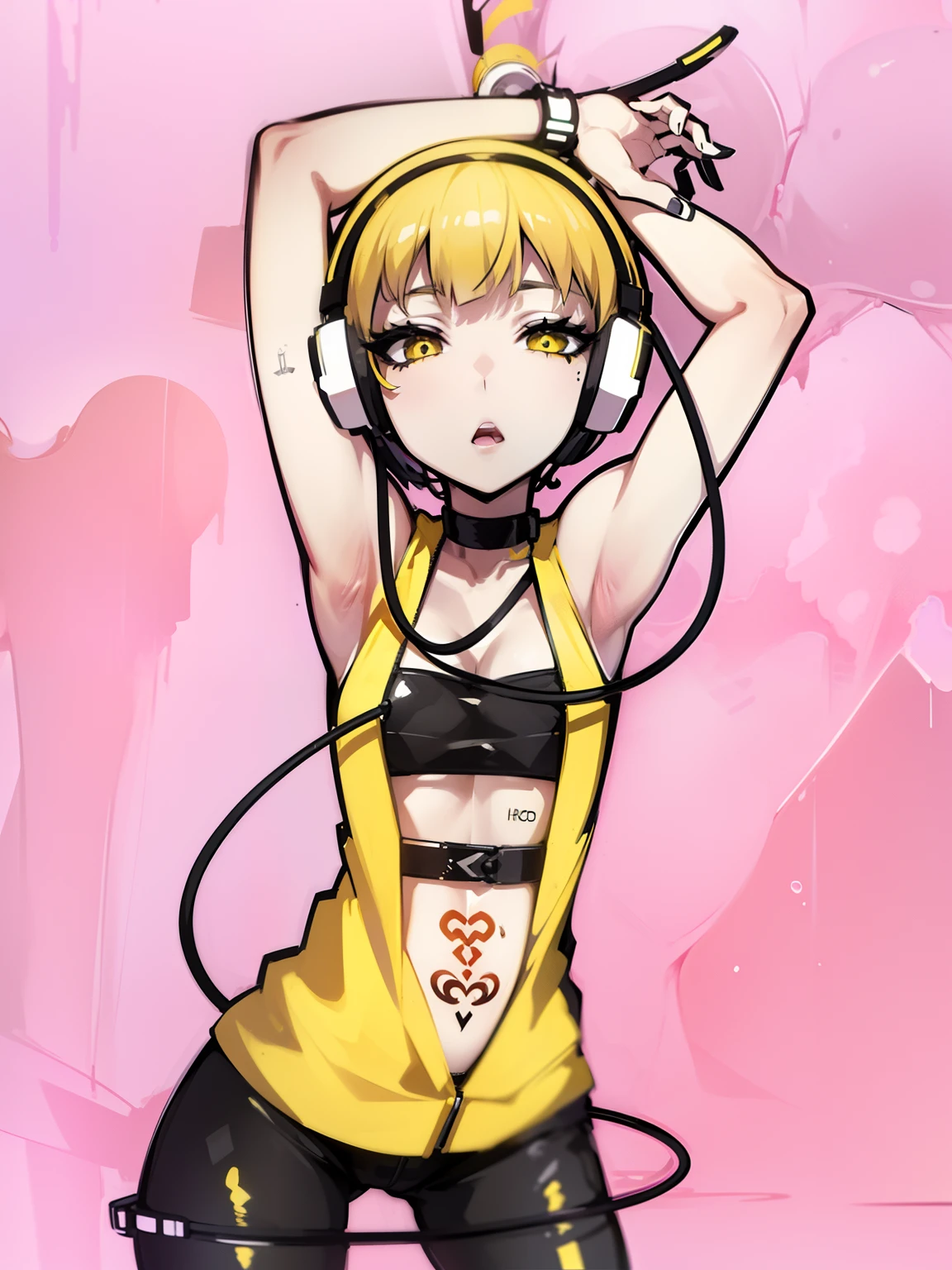 Slender woman in cool beauty style. Female Solo. Her yellow hair is partially accented with black. big headphone. A look of bewilderment.Stretch your tongue.she has short hair. Blunt bangs. Two cords extending from the headphones. Medium bust. Yellow and black bondage. The tattoo. Sharp eyes.
