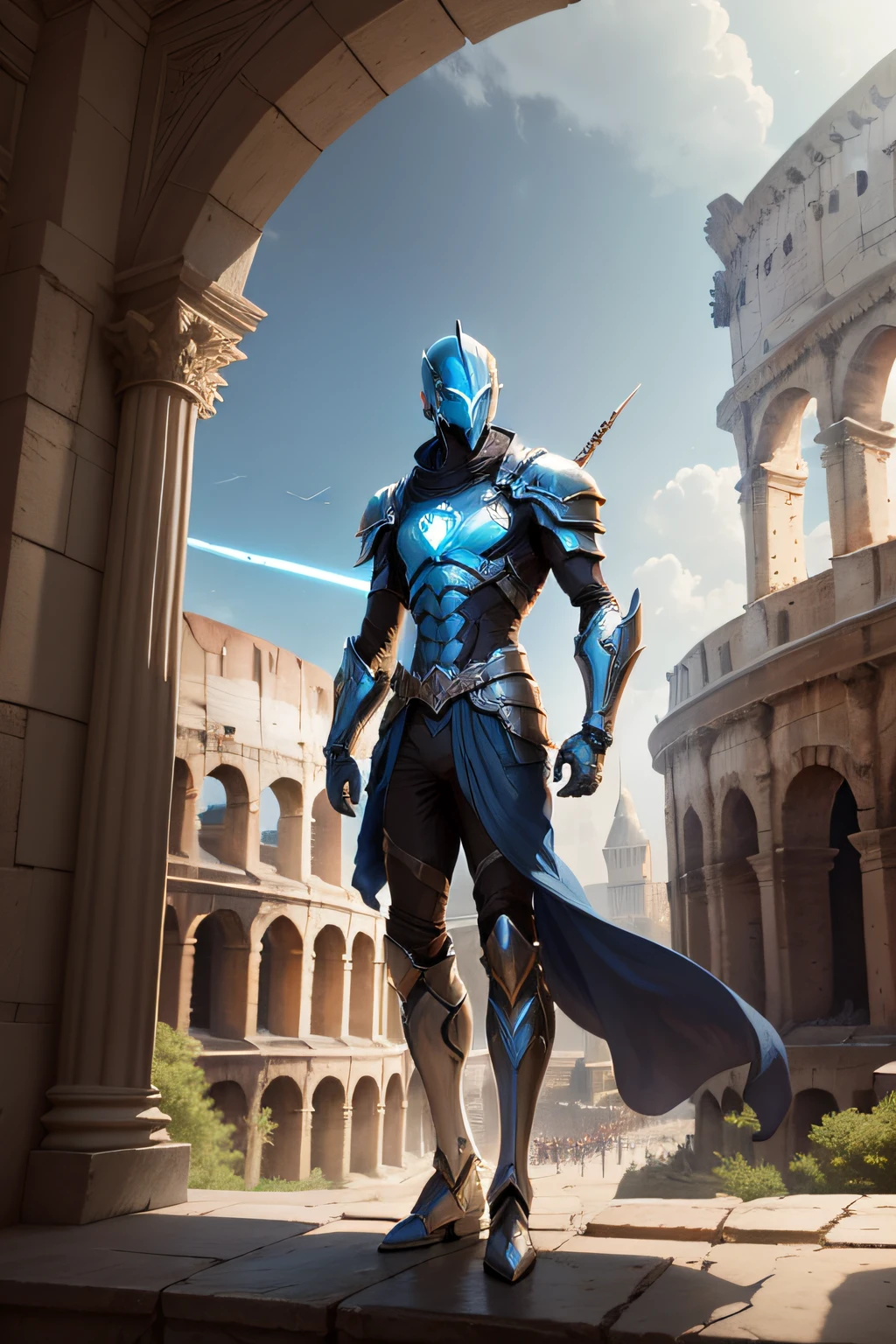 A very detailed matte painting,sci-fy,swordsman,Sci-fi armor,It depicts an alien swordsman about 2 meters tall,Slender figure,A sci-fi venue,Colosseum,Light blue energy shield,holding a longsword