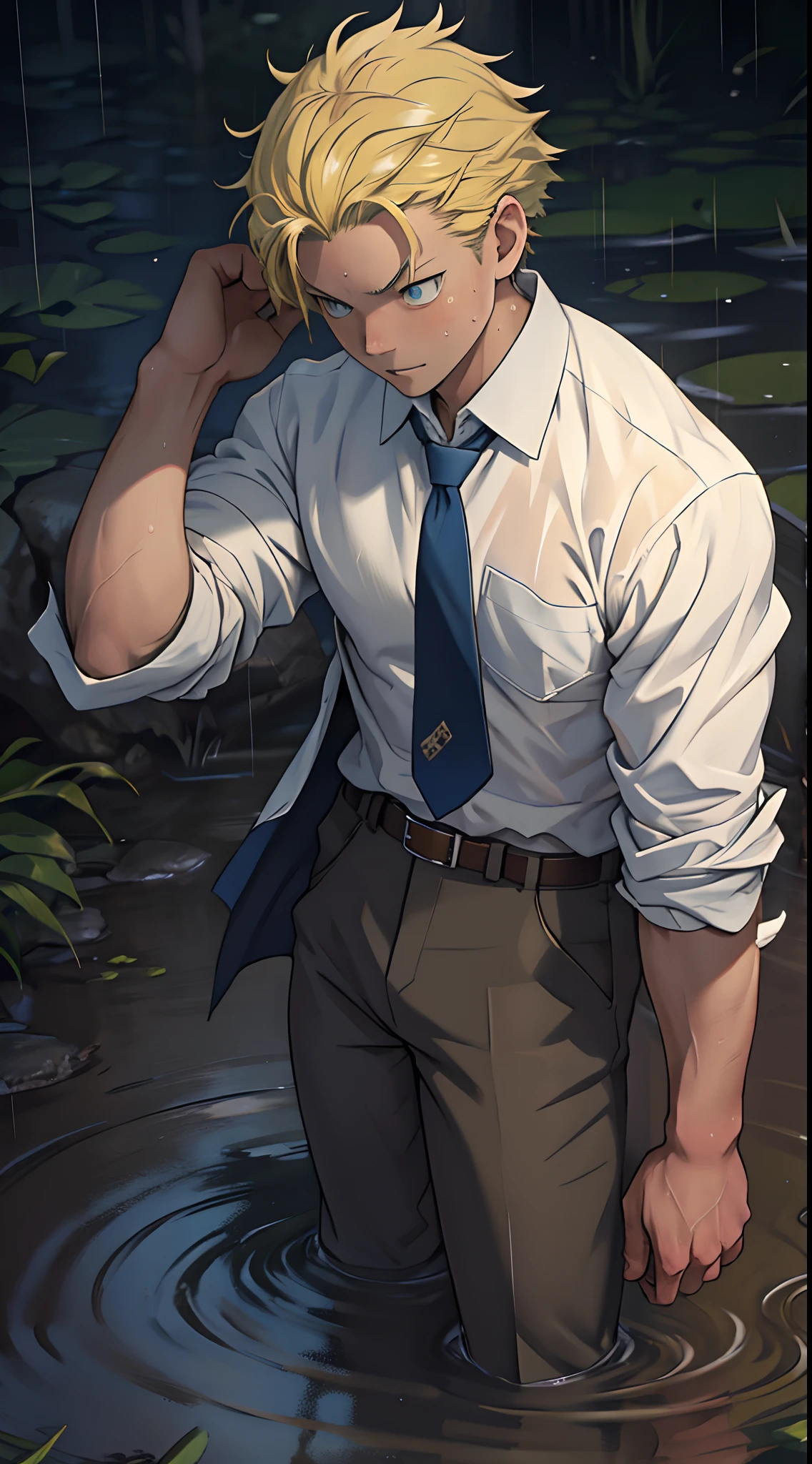 （1 Adult male），A high resolution， Sharp focus， Pixiv masterpiece， （（Complicated details））， highly  detailed， natsuki_subaru， 1 man，Lying in the mud， Lazy，full bodyesbian， blue color eyes（eyes glowing）， Short yellow hair，white  shirt，Wear a tie，Wear a belt，perspire，rain，Drenched，Sweaty crotch，look from down
