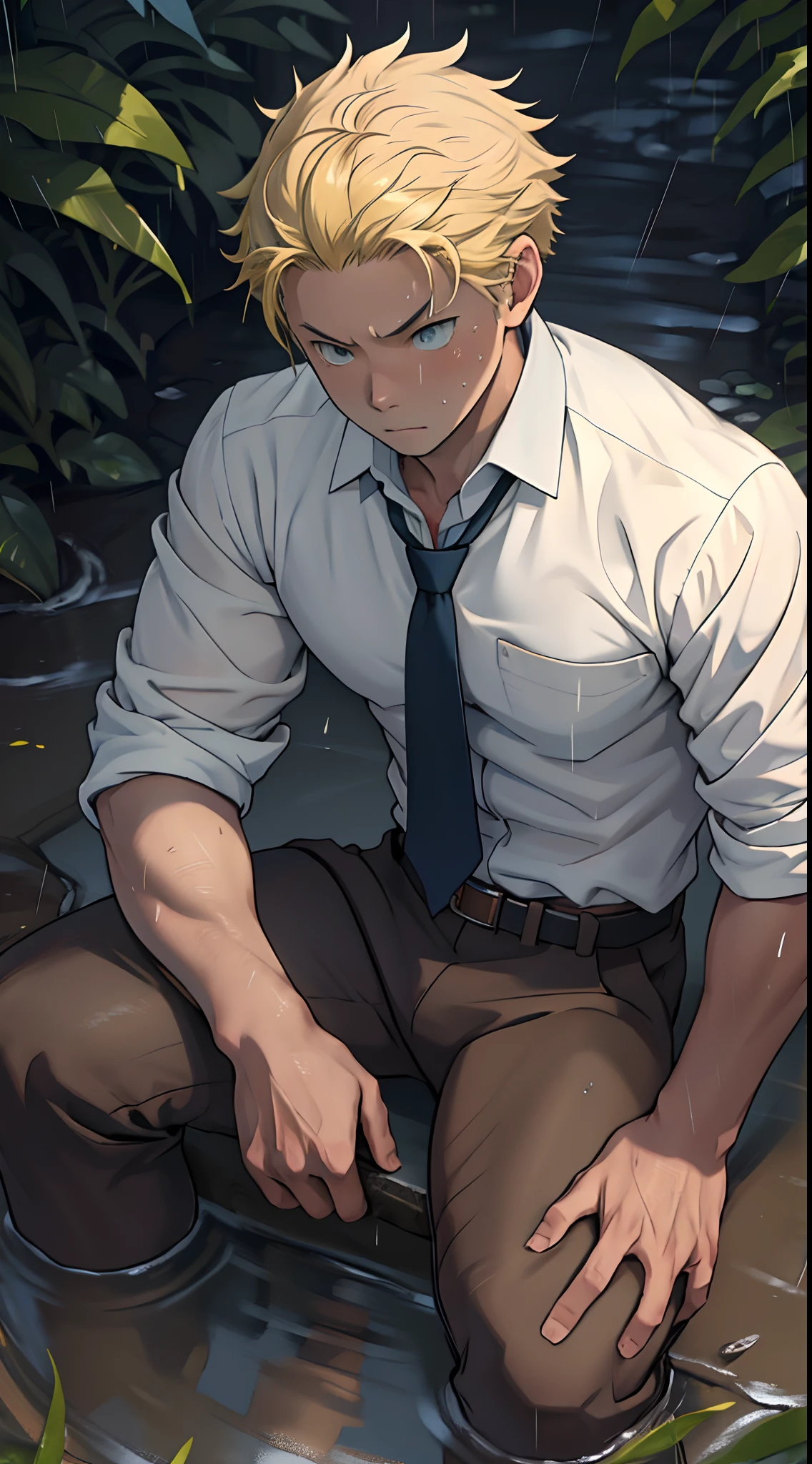 （1 Adult male），A high resolution， Sharp focus， Pixiv masterpiece， （（Complicated details））， highly  detailed， natsuki_subaru， 1 man，Lying in the mud， Lazy，full bodyesbian， blue color eyes（eyes glowing）， Short yellow hair，white  shirt，Wear a tie，Wear a belt，perspire，rain，Drenched，Sweaty crotch，look from down