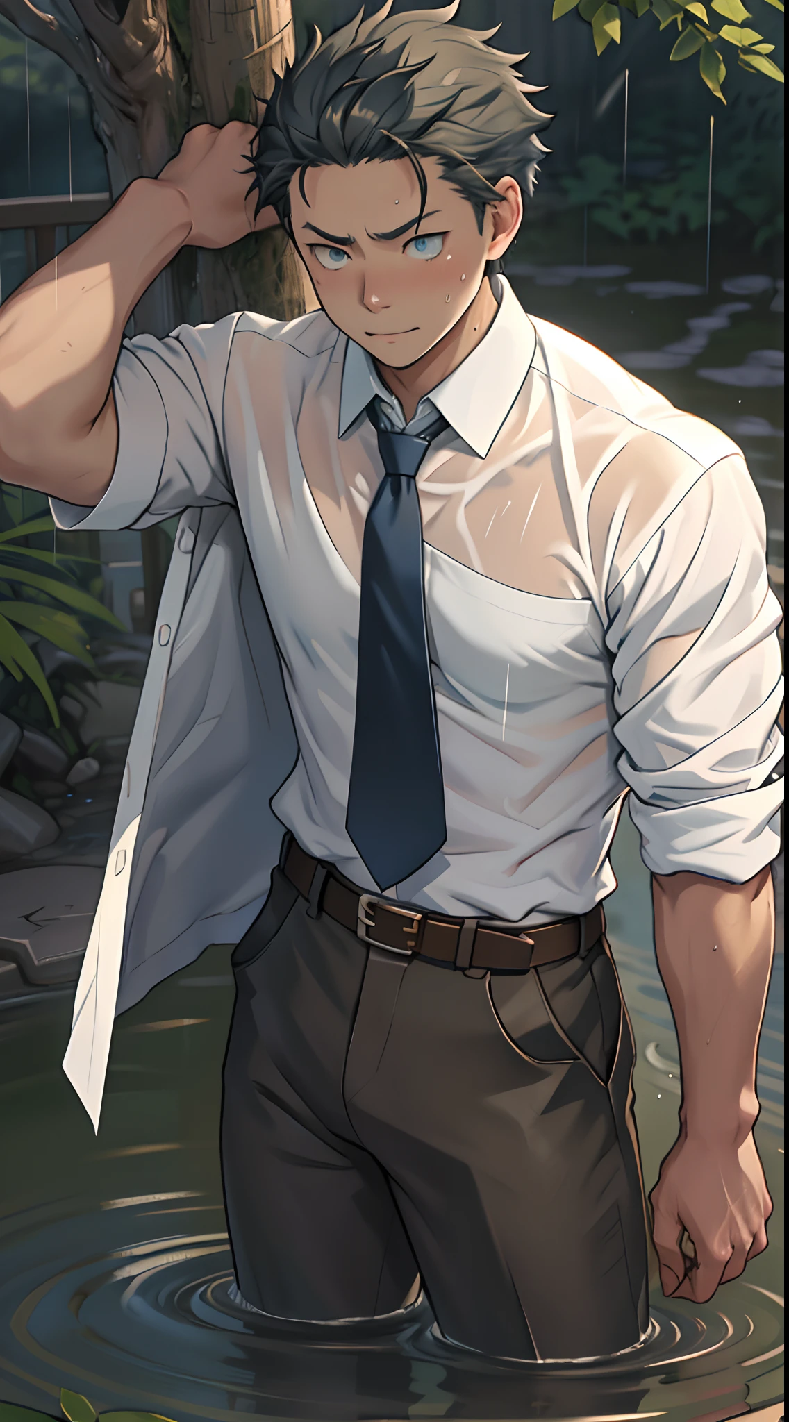 (1 Adult male),A high resolution, Sharp focus, Pixiv masterpiece, ((Complicated details)), highly detailed, natsuki_subaru, 1 man,Lying in the mud, Lazy,full bodyesbian, blue color eyes(eyes glowing), Short yellow hair,white shirt,Wear a tie,Wear a belt,perspire,rain,Drenched,Sweaty crotch,look from down