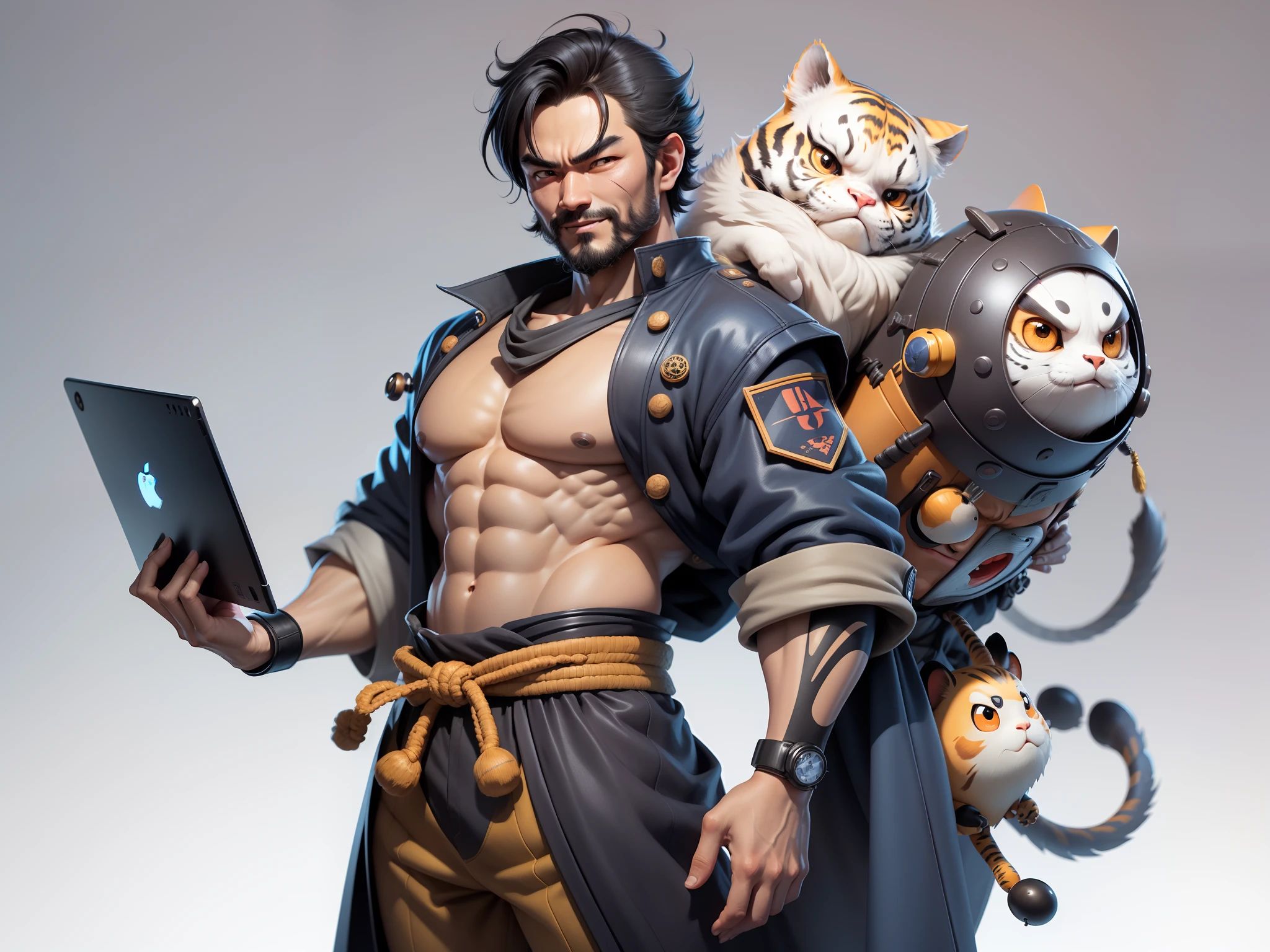 (Daisaku),(Need),(Super meticulous),(full bodyesbian:1.2),Super young man with Japanese geisha,Beautiful,orient,one tiger,Aeolian Thor,Raised sexy,爆乳,Oriental face,TV Anchor,Bust portrait illustration,In black suit,a blue tie,The face is slightly chubby,The face was clean,without a beard,Black super short hair,Black eyes,Smile confidently,3C computer sub-products,iPad, iphone,Digital painting,3D character design by Mark Clairen and Pixar and Hayao Miyazaki and Akira Toriyama,The illustration is a high-definition illustration in 4K resolution,With very detailed facial features and cartoon-style visuals。
