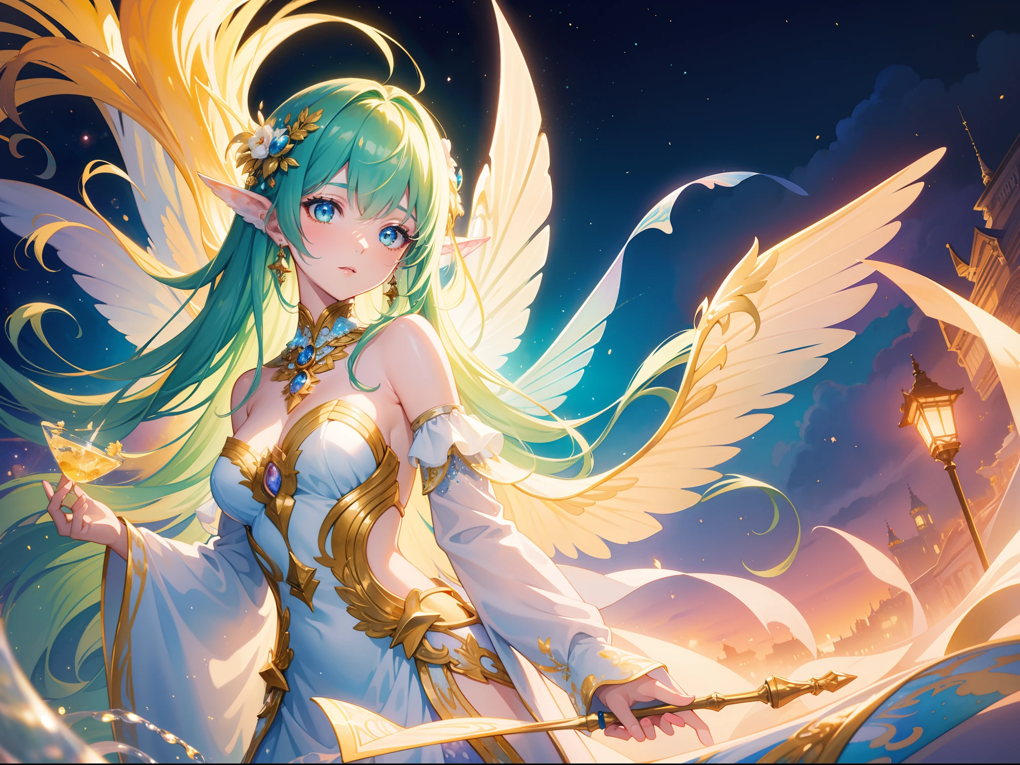 masterpiece, best quality, sharp focus, 8k, intricately detailed environment, anime, watercolor illustration, colorful, bright colors, whimsical, glowing lights, liquid otherworldly, fairy lights, beautiful girl in flowing liquid glowing dress, perfect face, golden ratio, sparkling eyes, watercolor, liquid light, angel wings