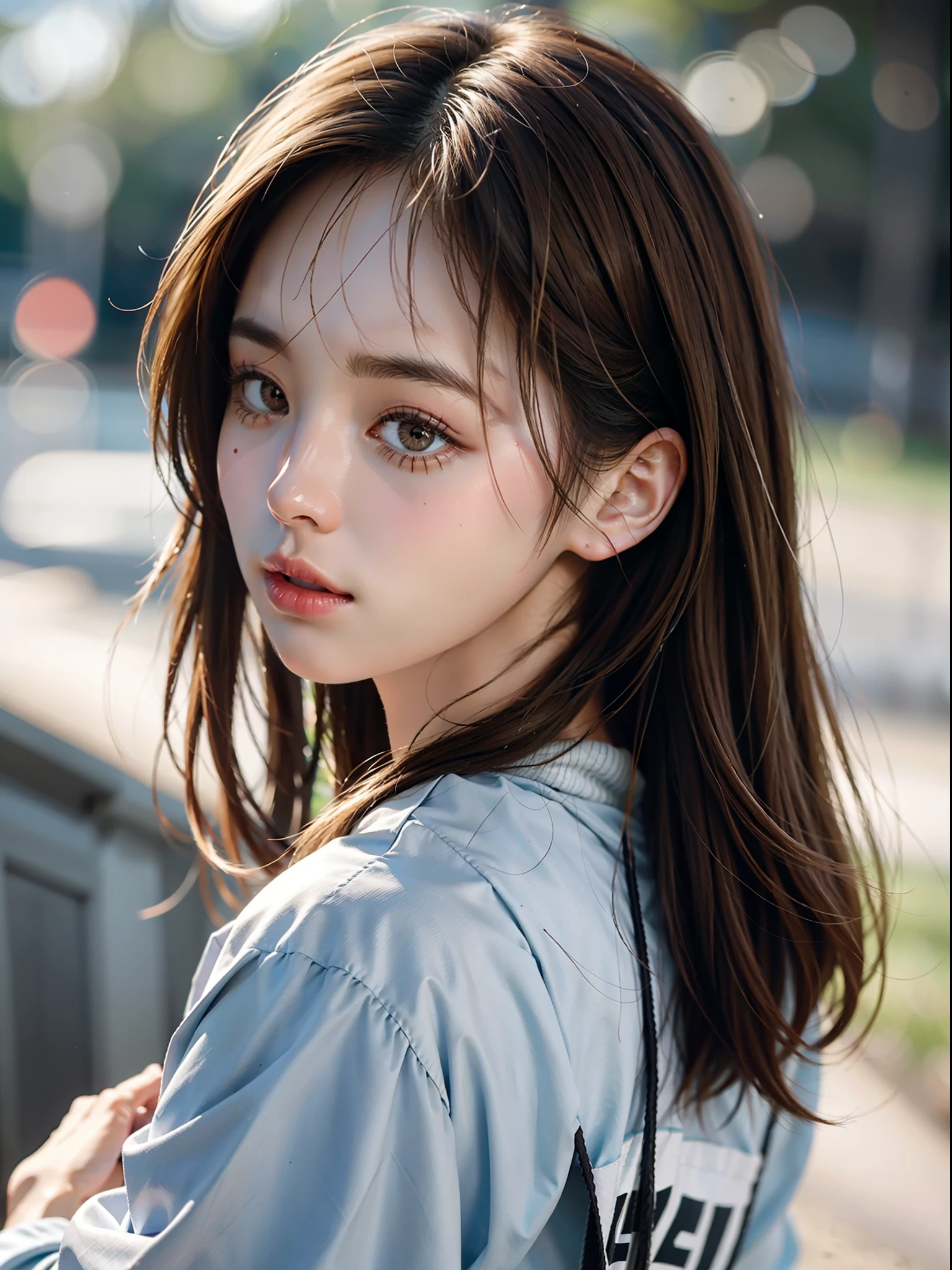 (photorealistic:1.4), (best quality:1.0), (ultra highres:1.0), 8k, RAW photo, (masterpiece:0.2), portrait, face, girl with beautiful and cute brown hair, graceful, hand holding hair, Korean girl,Picture taken from behind the body.