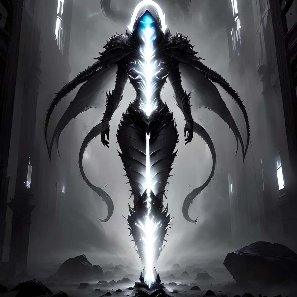 a black and white image of a demonic creature with a bright light, Symmetrical Epic Fantasy Art, symmetric concept art, epic scifi fantasy art, epic fantasy sci fi illustration, epic scifi character art, dark fantasy science fiction, trending in the artstation, sci fi epic digital art, fractal thunder dan mumford, dark sci-fi art, arte conceitual demon soul