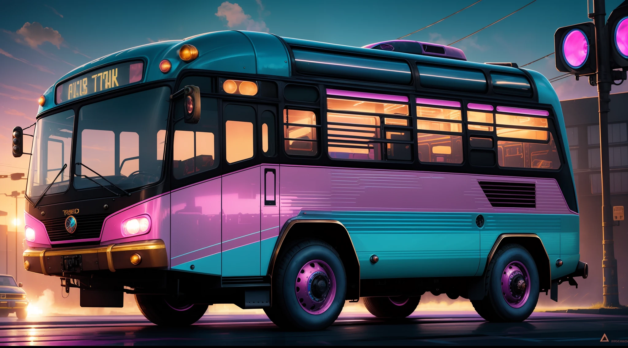 cyber punk and steam punk and pop remix style, a two-tone colored bus, windshield baby-pink reflection, pink and blue auto body, under around color blue with brushing, super fine detailed texture and skin, multilayered, golden hour, airbrush, digital art, cinematic still and lighting, oil painting, black light painting, intricate surface detail,