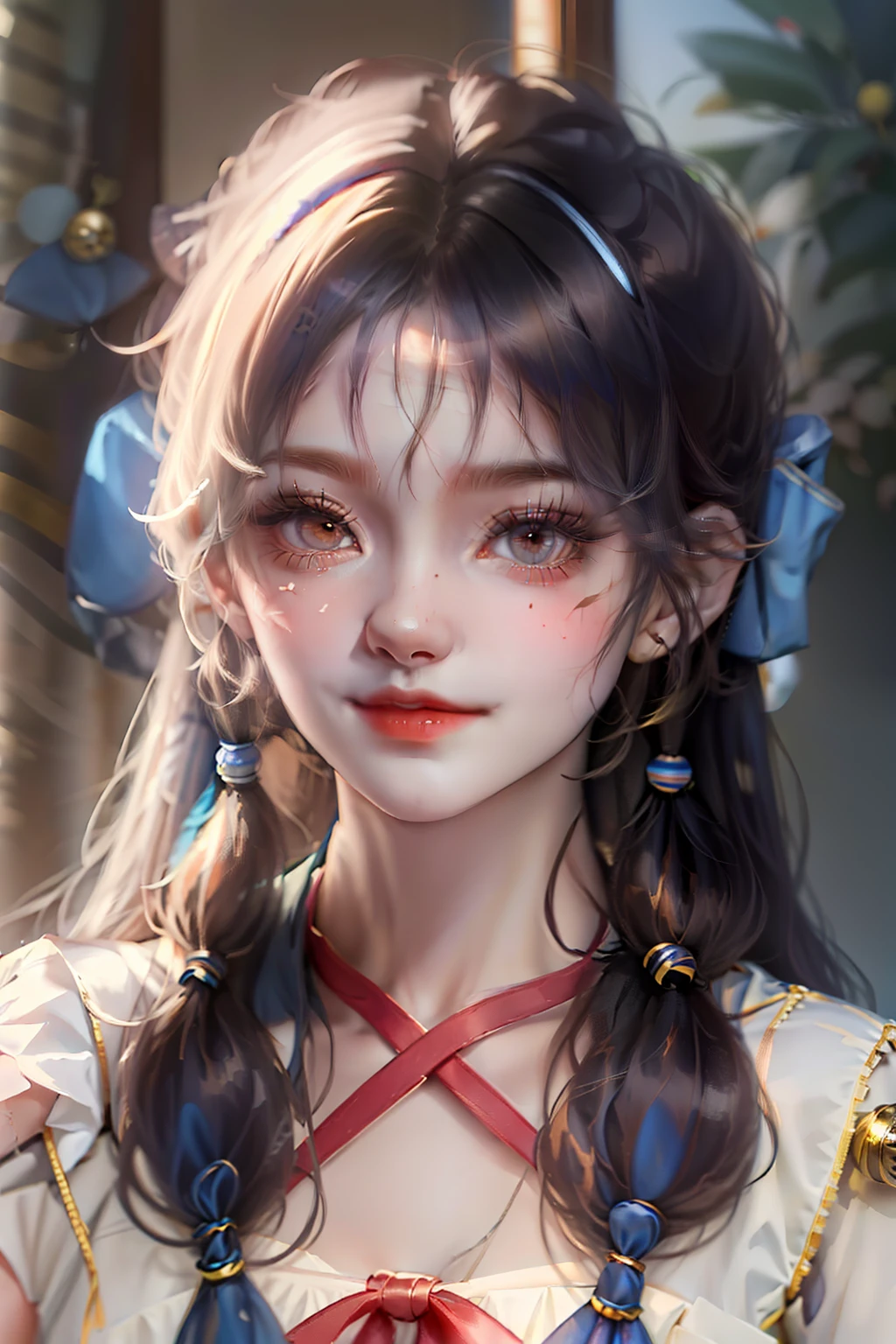 streaked hair, crossed bangs, twintails, bell, ribbon, hair bow, mismatched pupils, eyeball, light smile, shy, full bodyesbian, woman, Surrealism, high detail, chiaroscuro, depth of field, UHD, masterpiece, 8k