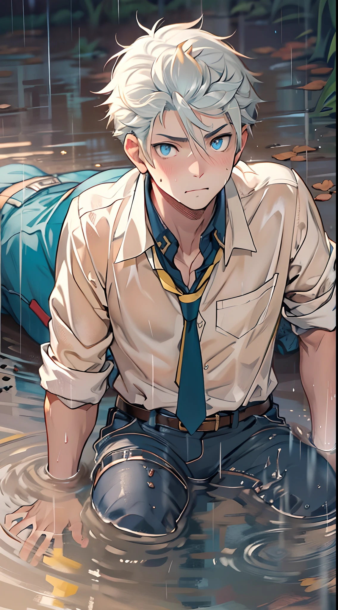 （1 Adult male），A high resolution， Sharp focus， Pixiv masterpiece， （（Complicated details））， highly  detailed， natsuki_subaru， 1 man，Lying in the mud， Lazy，full bodyesbian， blue color eyes（eyes glowing）， Short yellow hair，white  shirt，Wear a tie，Wear a belt，perspire，rain，Drenched，Sweaty crotch，look from down