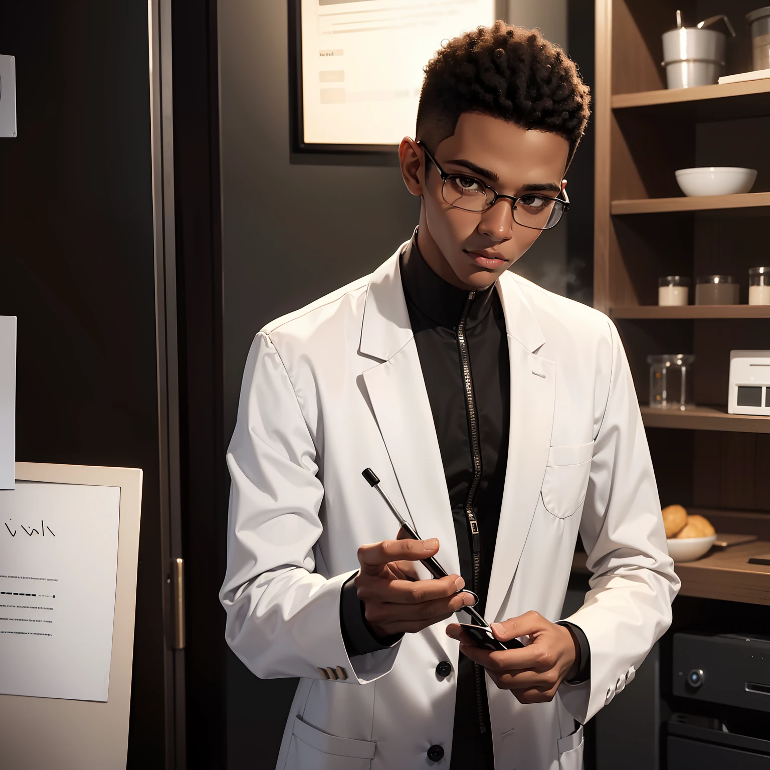 A skinny black man with very short 4C black buzz cut hair, youthful brown eyes, dimples, wearing glasses, in a lab coat, clean shaven, who has a shy demeanor, masterpiece, best quality, twink, 1boy, solo, dimple, dimples