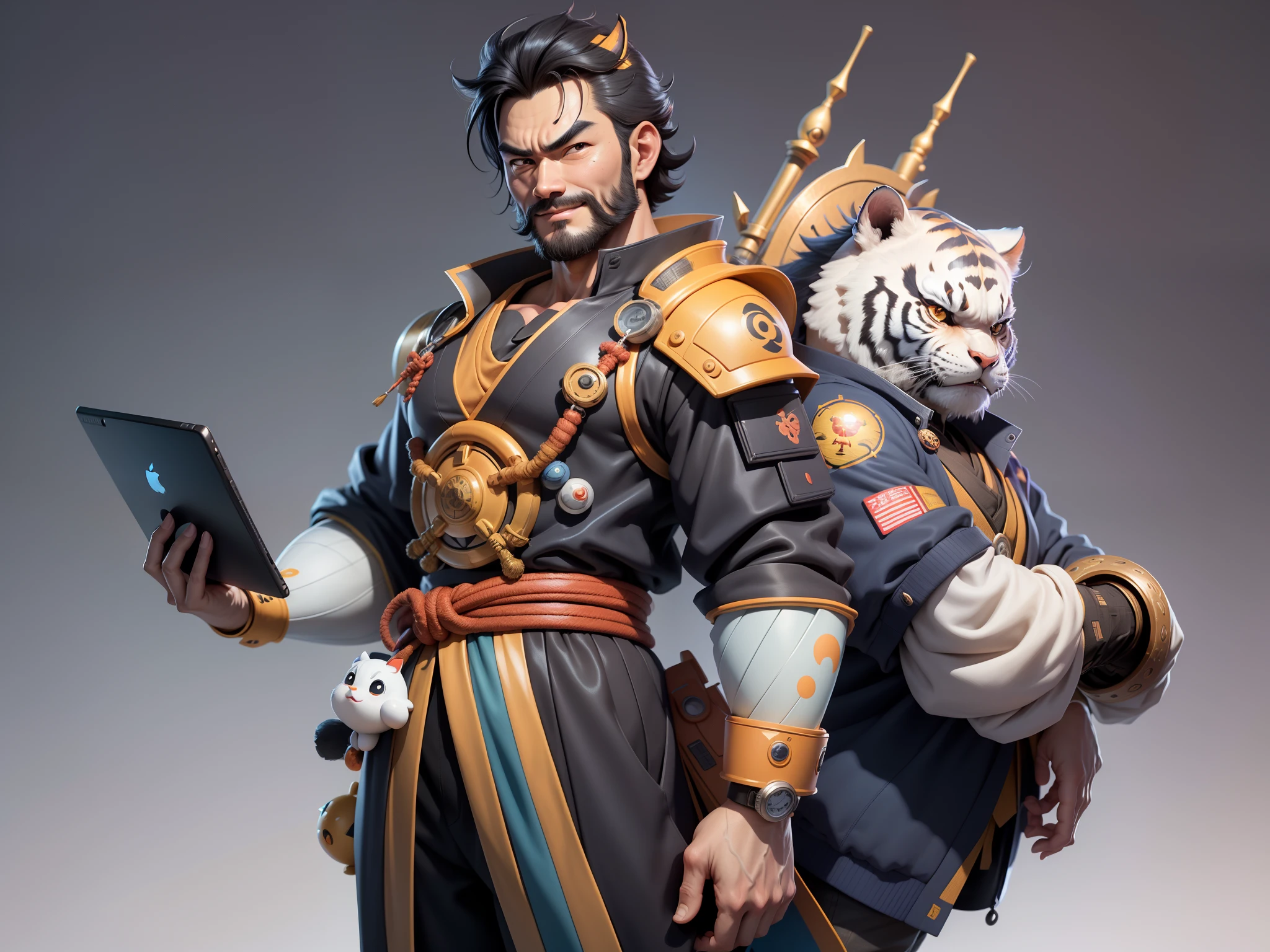 (Daisaku),(Need),(Super meticulous),(full bodyesbian:1.2),Super young man with Japanese geisha,Beautiful,orient,one tiger,Aeolian Thor,Raised sexy,爆乳,Oriental face,TV Anchor,Bust portrait illustration,In black suit,a blue tie,The face is slightly chubby,The face was clean,without a beard,Black super short hair,Black eyes,Smile confidently,3C computer sub-products,iPad, iphone,Digital painting,3D character design by Mark Clairen and Pixar and Hayao Miyazaki and Akira Toriyama,The illustration is a high-definition illustration in 4K resolution,With very detailed facial features and cartoon-style visuals。