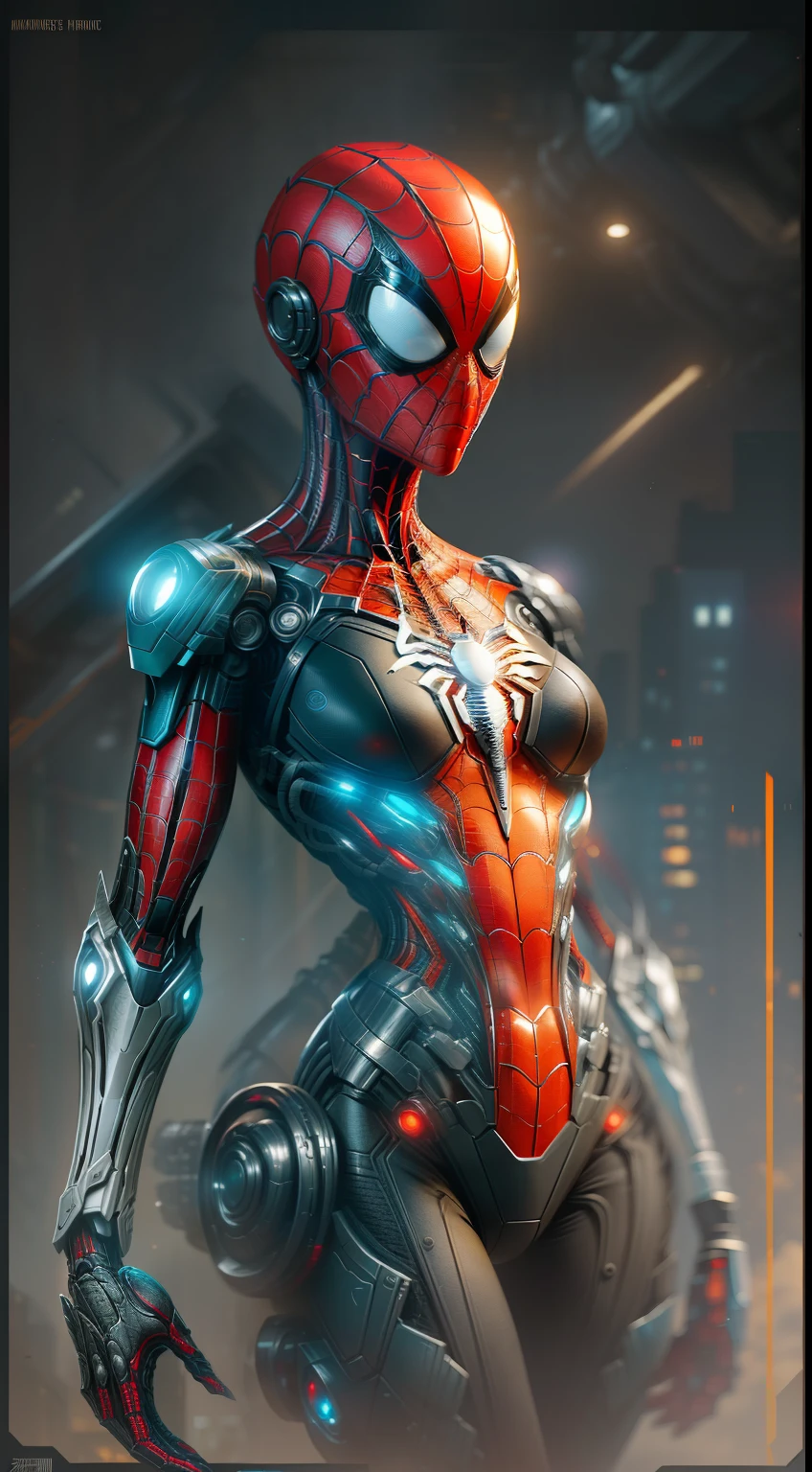 photo of Woman dressed as Spider-Man from Marvel, biomechanical, complex robot, full growth, hyper-realistic, insane small details, extremely clean lines, cyberpunk aesthetic, a masterpiece presented at Zbrush Central