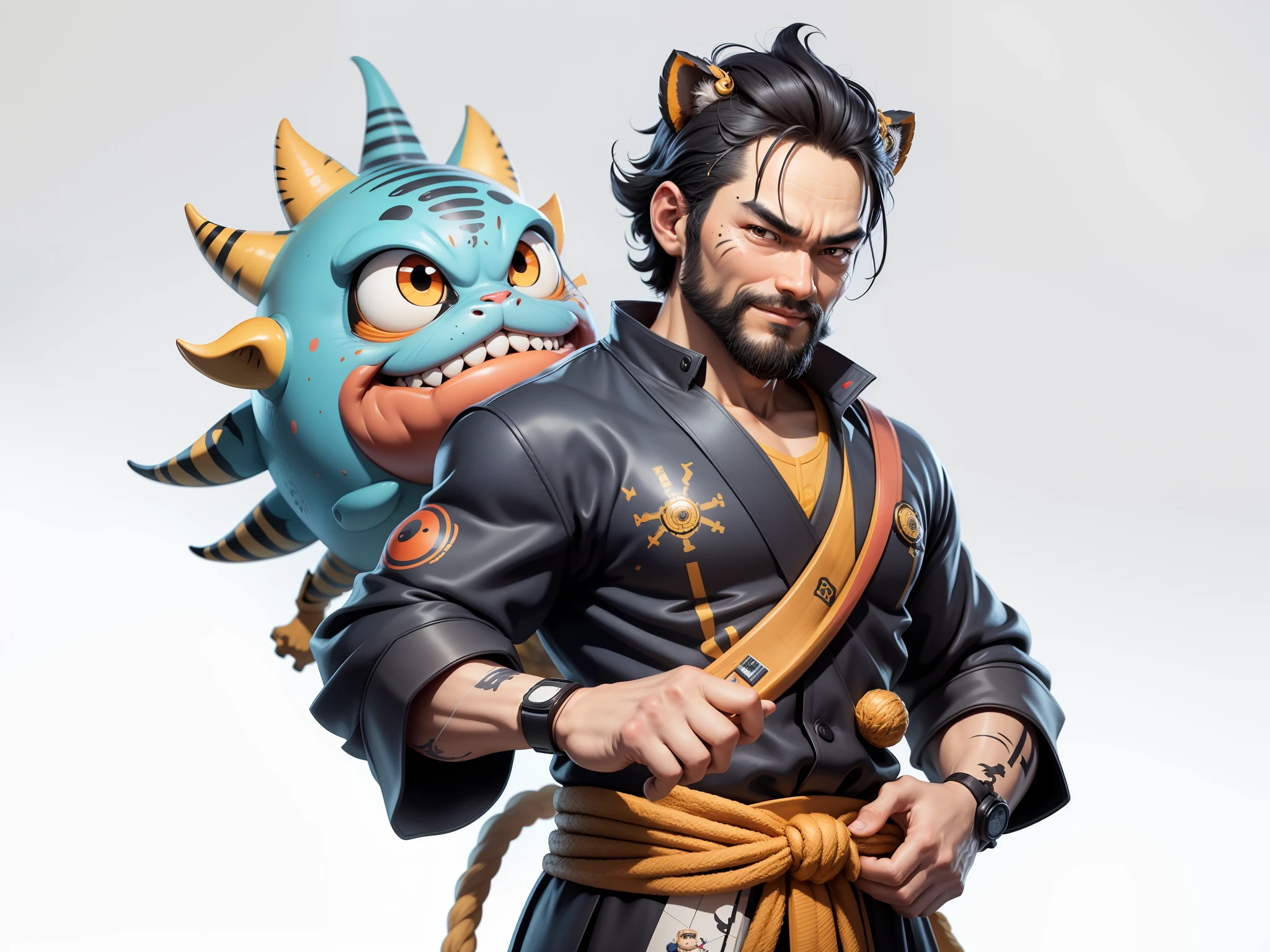 (Daisaku),(Need),(Super meticulous),(full bodyesbian:1.2),Super young man with Japanese geisha,Beautiful,orient,one tiger,Aeolian Thor,Raised sexy,爆乳,Oriental face,TV Anchor,Bust portrait illustration,In black suit,a blue tie,The face is slightly chubby,The face was clean,without a beard,Black super short hair,Black eyes,Smile confidently,3C computer sub-products,iPad, iphone,Digital painting,3D character design by Mark Clairen and Pixar and Hayao Miyazaki and Akira Toriyama,The illustration is a high-definition illustration in 4K resolution,With very detailed facial features and cartoon-style visuals。
