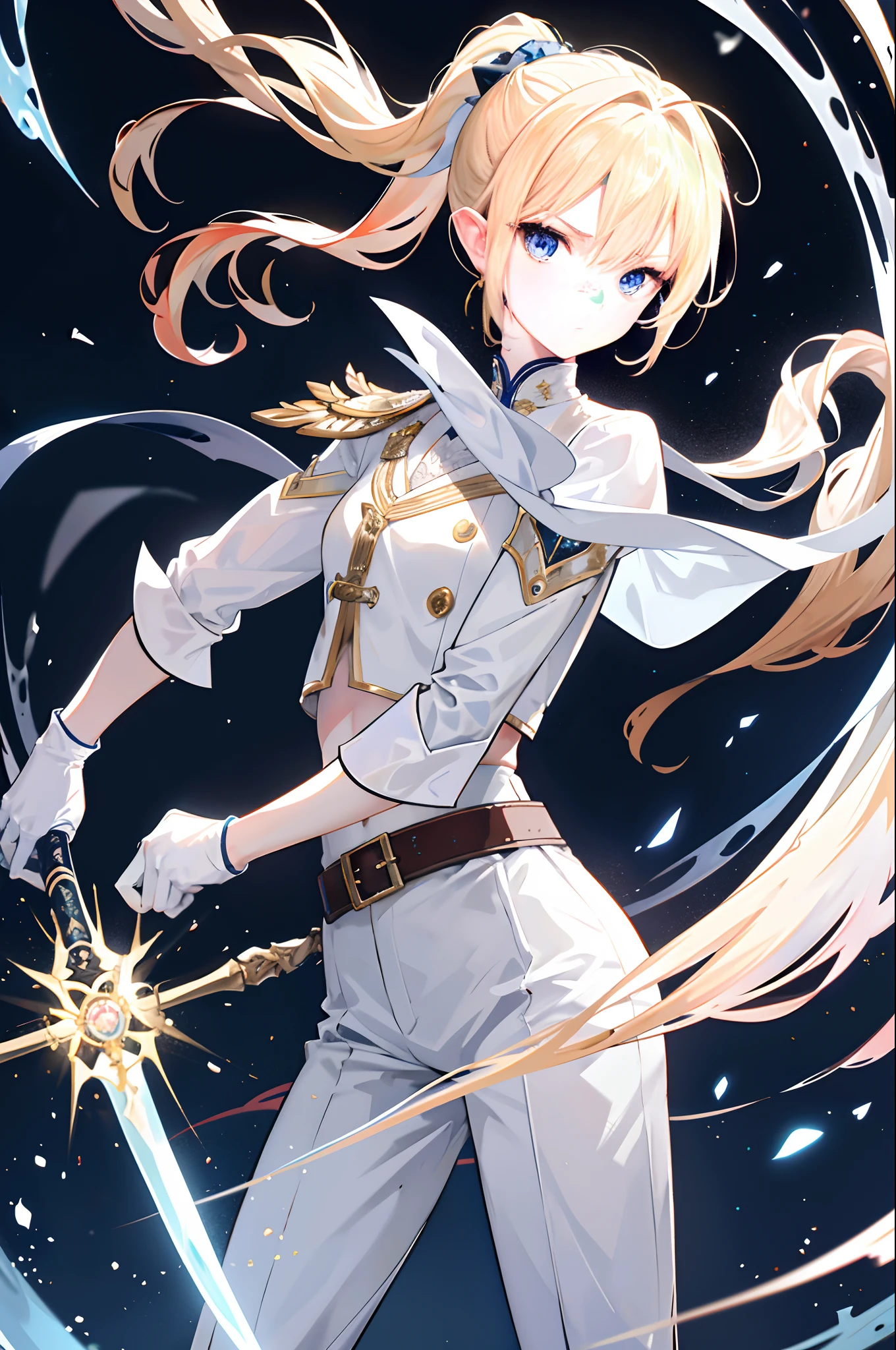 Works of masters,8K分辨率,in a panoramic view,(exquisite facial features),s the perfect face,Glowing skin,The world of swords and sorcery,Elf Princess,Golden eyes,pale-blonde hair,Smooth single ponytail,crossed bangs,Serious expression,Translucent pure white gloves,Delicate black and blue cape,V-neck white shirt,White cropped pants,Brown belt,Sapphire bracelet,Short brown leather boots,Armed with a Western rapier sword,Combat posture,In the forest,Next to a huge ancient tree,in the early morning,natural soft light,