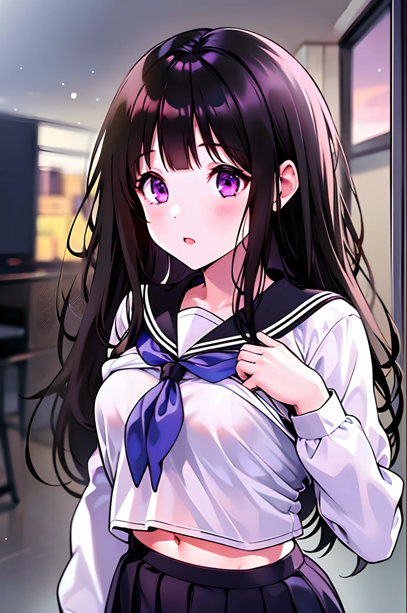 1girl, chitanda eru, long hair, black hair, school uniform, purple eyes, white shirt, white socks, pleated skirt, bangs, black sailor collar, neckerchief, black skirt, long sleeves, (shirt lift:1.2), navel, bra,