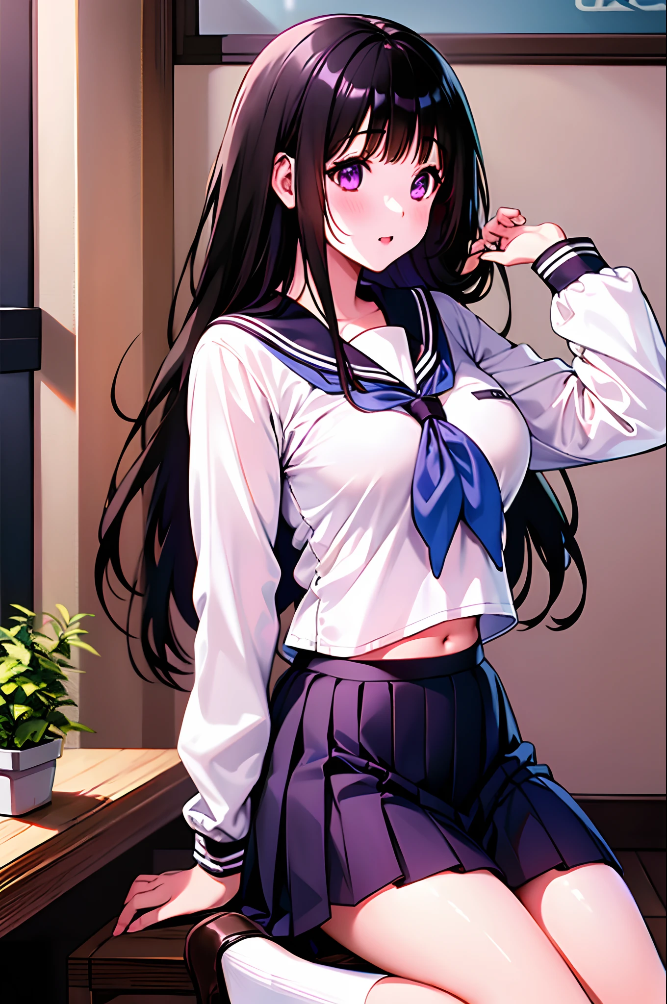 1girl, chitanda eru, long hair, black hair, school uniform, purple eyes, white shirt, white socks, pleated skirt, bangs, black sailor collar, neckerchief, black skirt, long sleeves, (shirt lift:1.2), navel, bra,