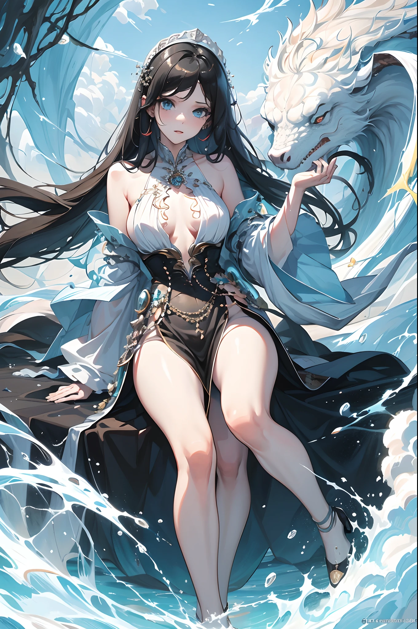 (tmasterpiece,top-quality,best qualityer,offcial art,Beauty aesthetics:1.2),(1个Giant Breast Girl:1.3 pcs),(s fractal art:1.3 pcs),Vibrant aqua blue eyes,Medium fringed hair,full bodyesbian,Red high heels,Background with:Happy Dragon Boat Festival,the original god,Kamisato Linghua,black lence stockings,Long red hair fluttering,Tall figure