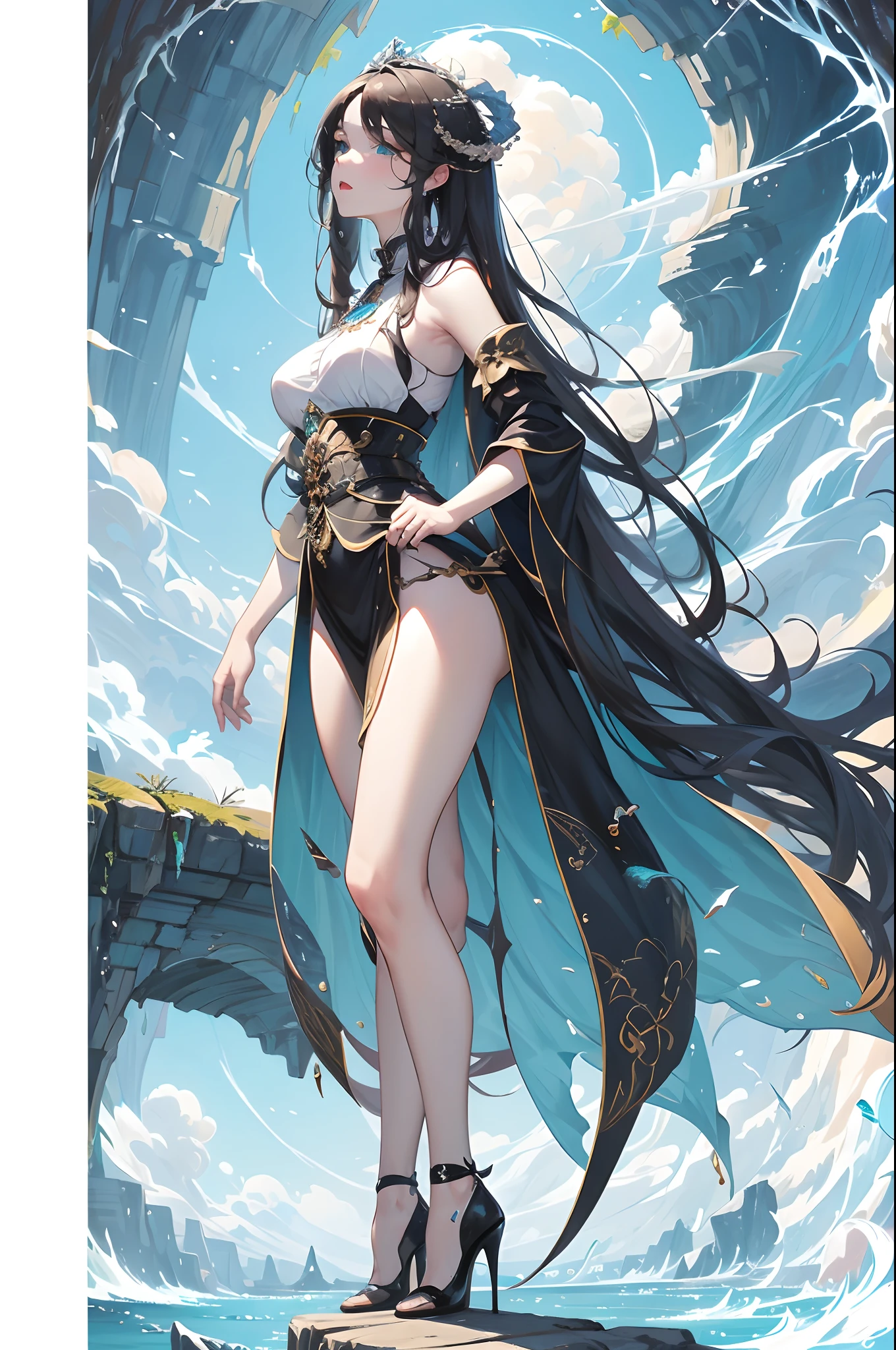 (tmasterpiece,top-quality,best qualityer,offcial art,Beauty aesthetics:1.2),(1个Giant Breast Girl:1.3 pcs),(s fractal art:1.3 pcs),Vibrant aqua blue eyes,Medium fringed hair,full bodyesbian,Red high heels,Background with:Happy Dragon Boat Festival,the original god,Kamisato Linghua,black lence stockings,Long red hair fluttering,Tall figure